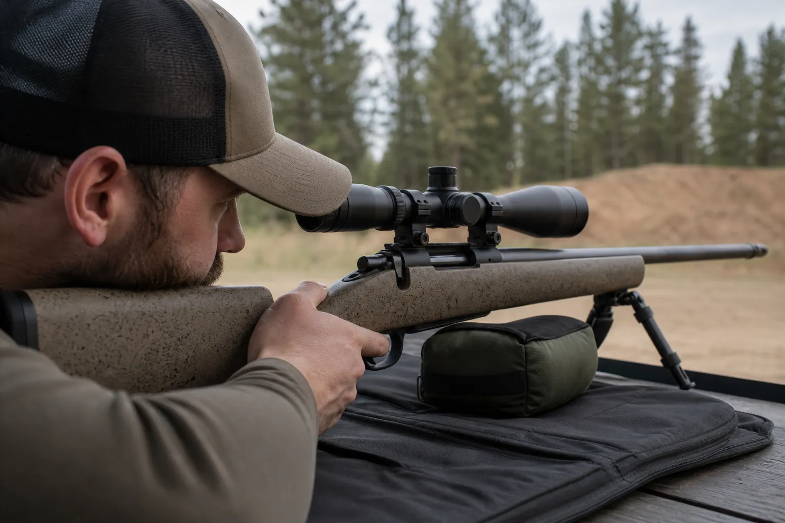 A close view of a shooter lining up his eye with a riflescope on a benchrest rifle.