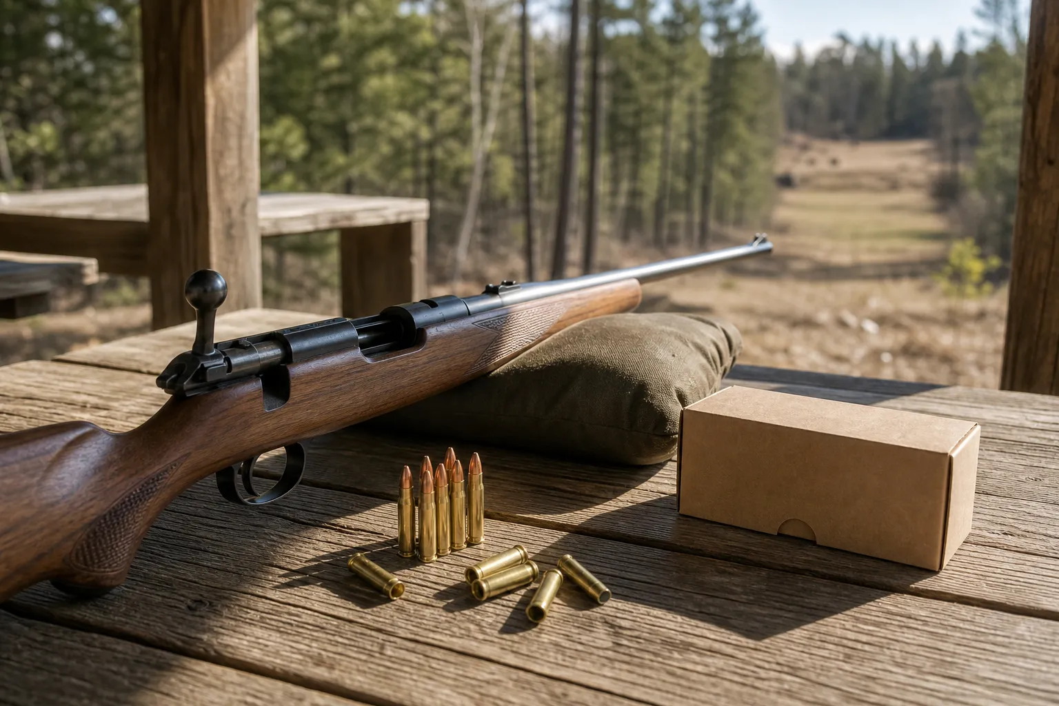 A safe rimfire rifle resting on a table beside loose cartridges and brass at a rustic outdoor shooting setup.