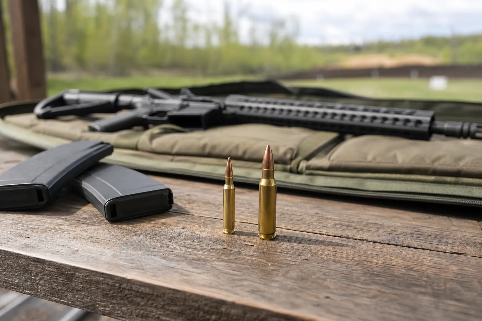 Two different rifle cartridges are displayed safely on a bench to show a size comparison.
