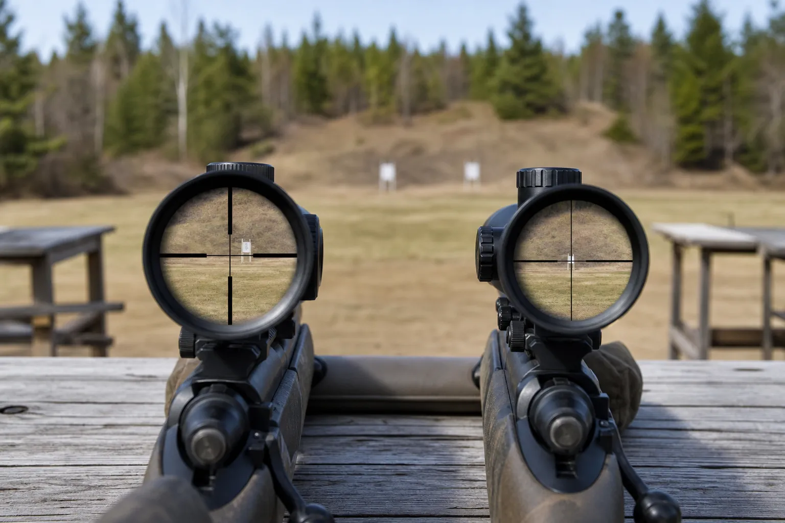 Two generic rifle scopes sit side by side on a table in an outdoor range setting.