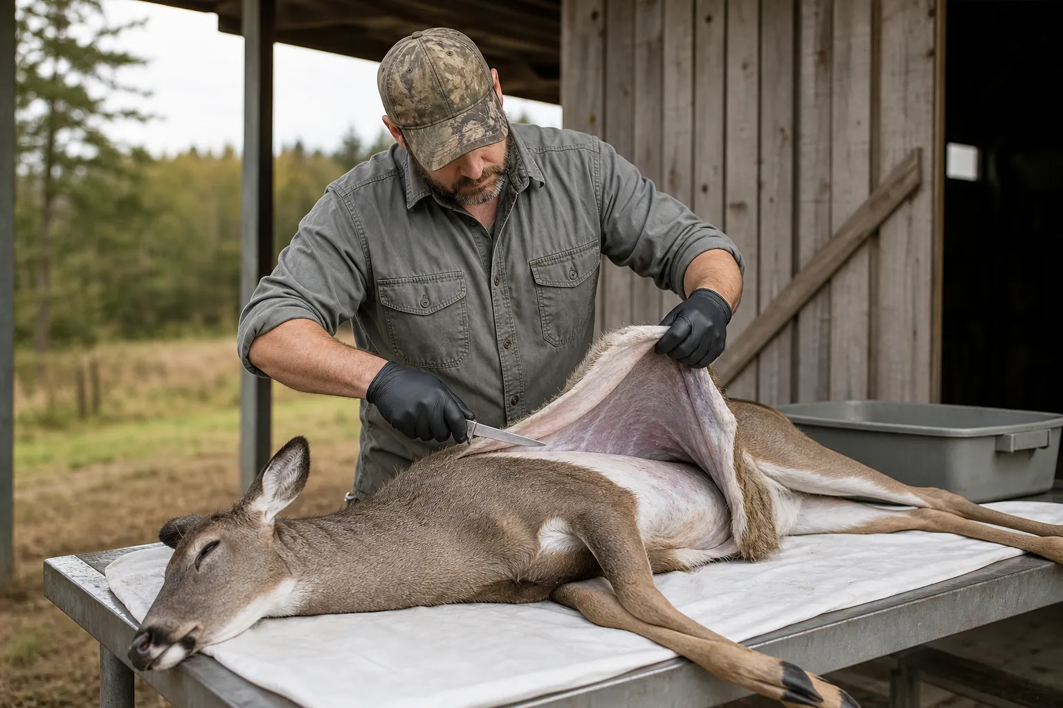 An adult carefully peels back the hide while skinning a deer carcass on a clean work table.