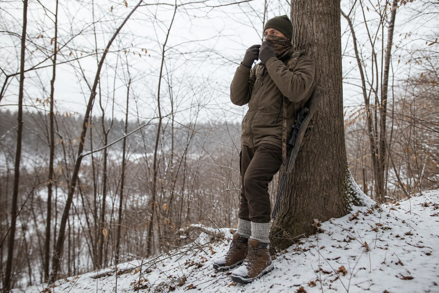 A hunter in winter woods adjusts gloves, hat, and face covering while wearing layered clothing.
