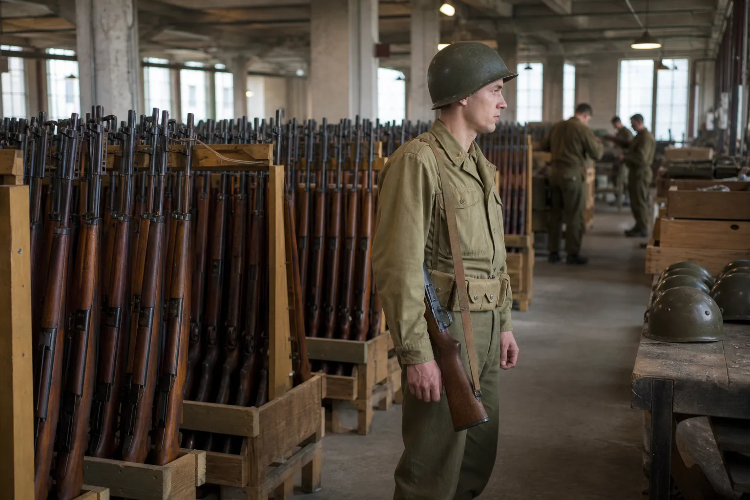 A wartime armory scene shows rows of service rifles and a soldier standing safely at ease.