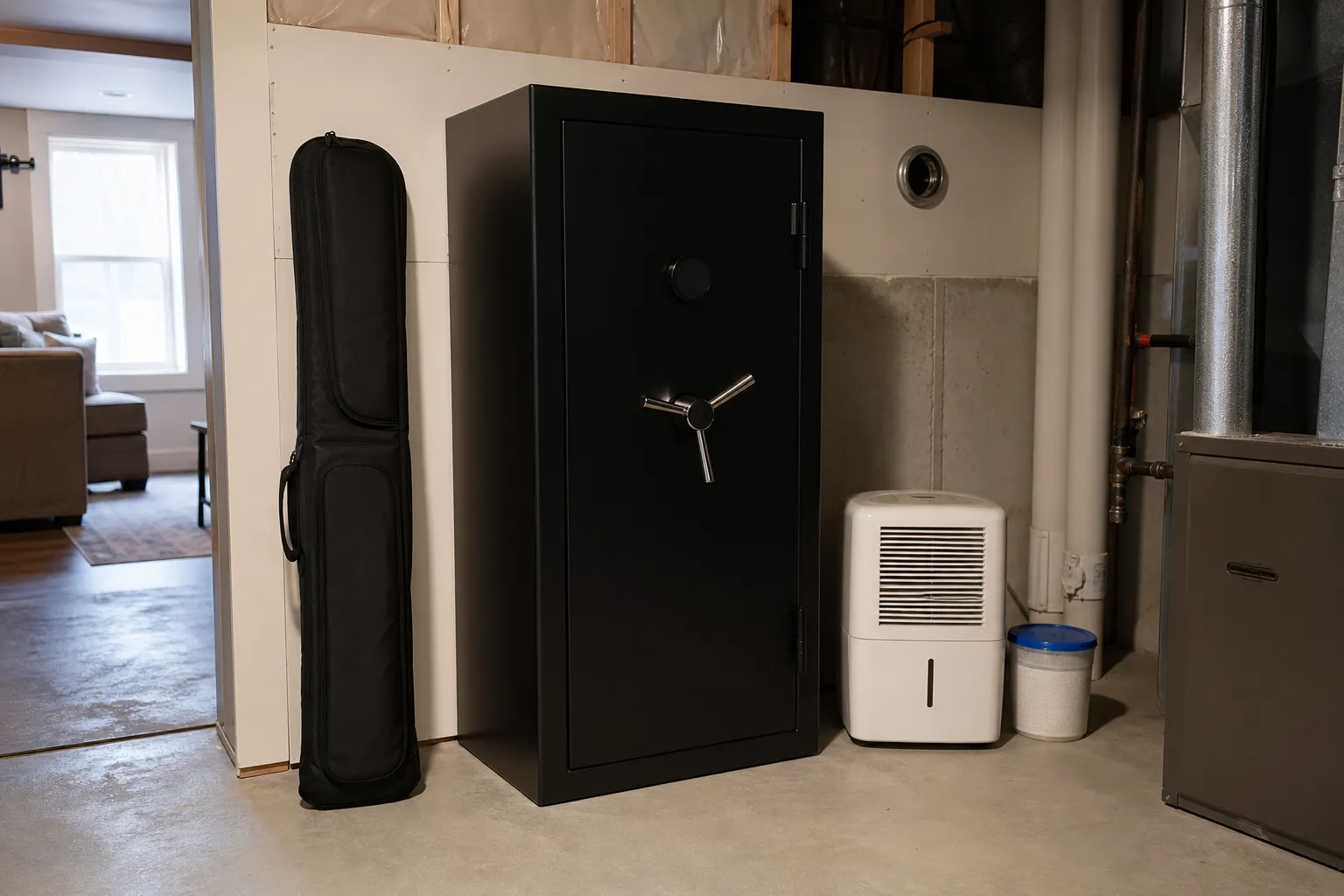 A gun safe in a basement with a dehumidifier and moisture control equipment nearby.