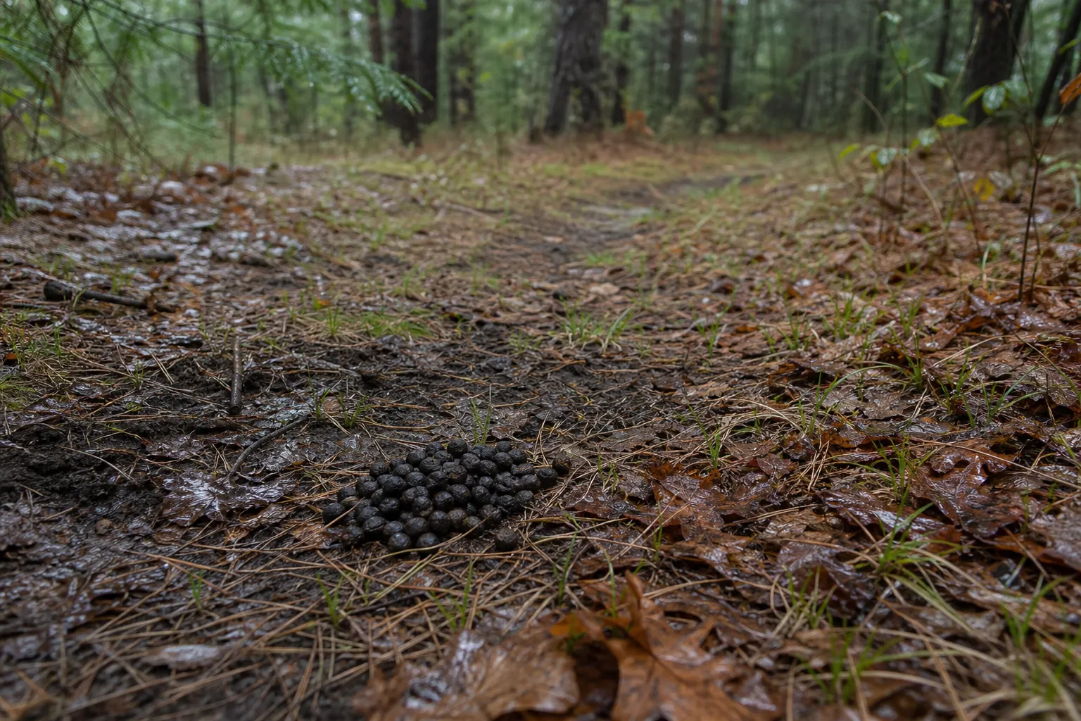 A small pile of dark deer pellets on damp forest floor beside faint hoofprints and leaf litter.