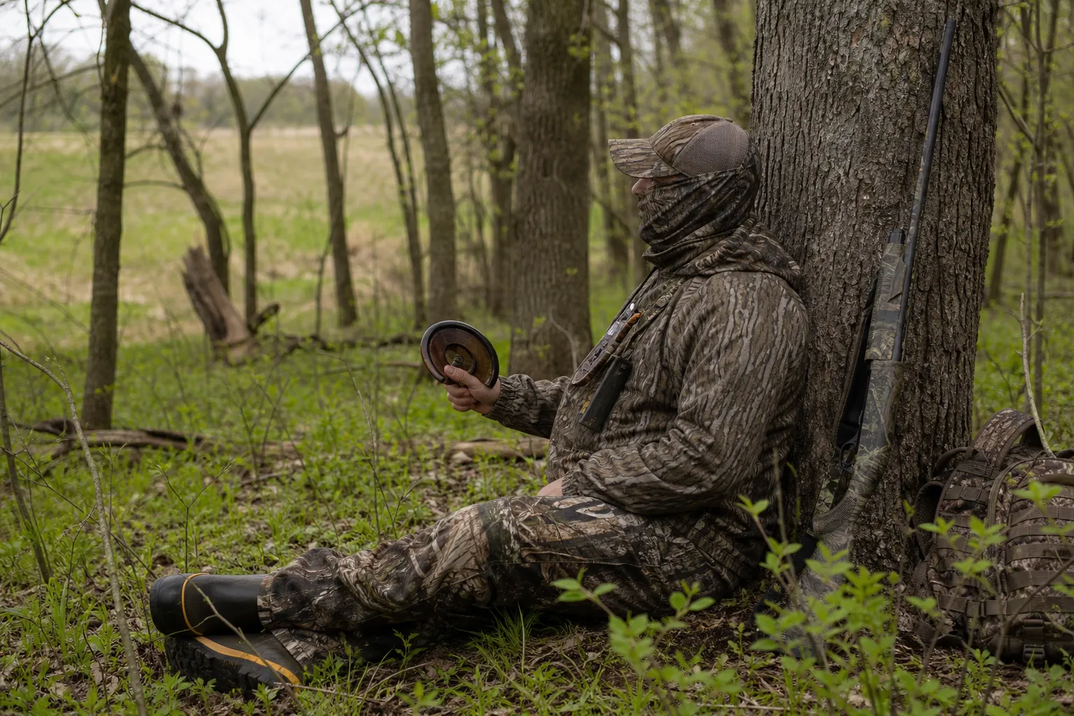 An adult hunter sits quietly in spring woods with a turkey call and a safely grounded shotgun.