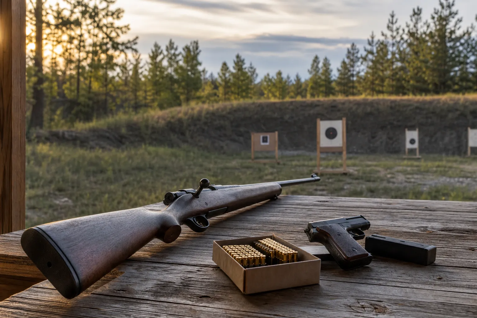 A rimfire rifle and pistol rest safely on a bench at an outdoor shooting range with cartridges and target stands in the background.