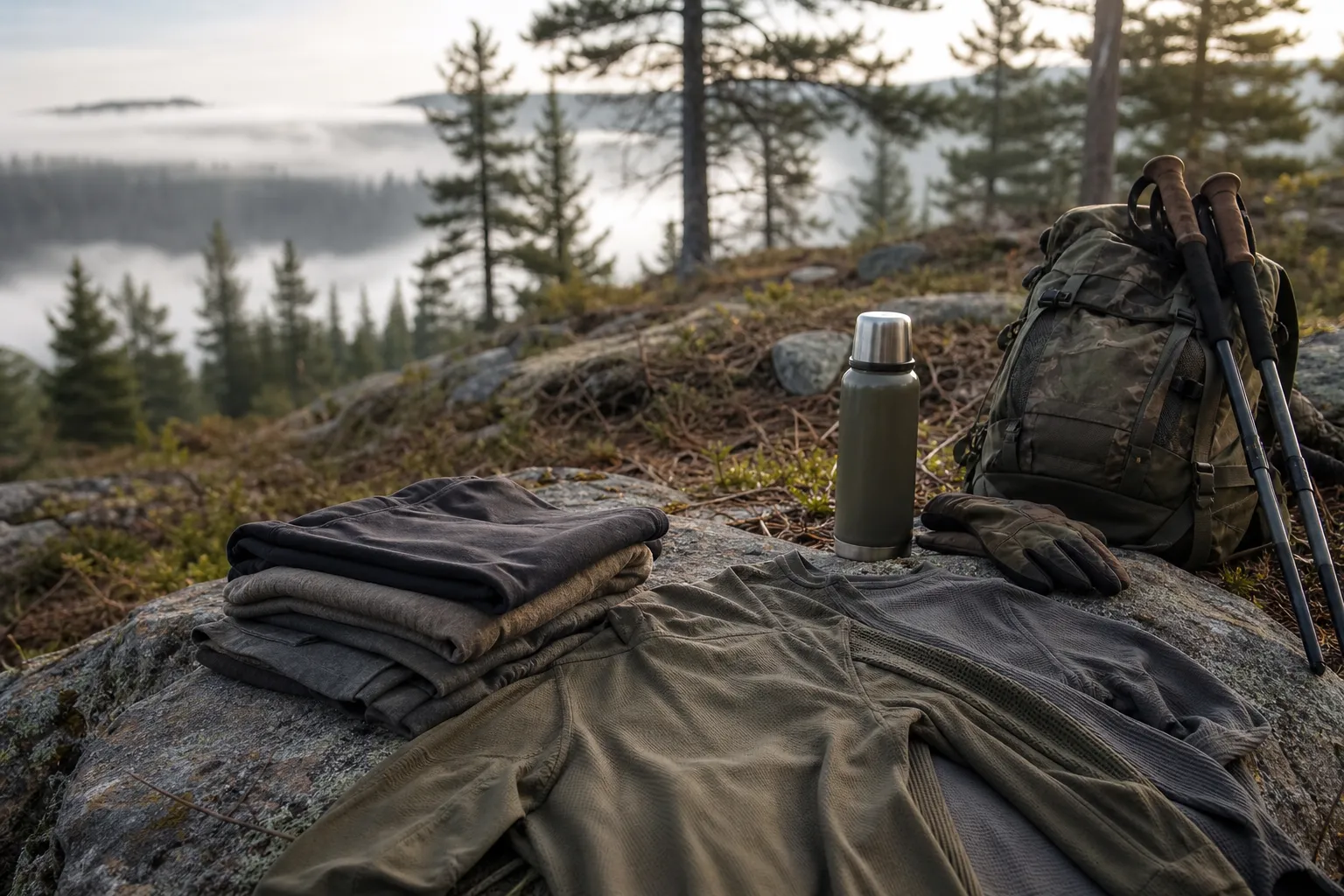 A backpack and outdoor clothing laid out in a misty forest clearing at sunrise.