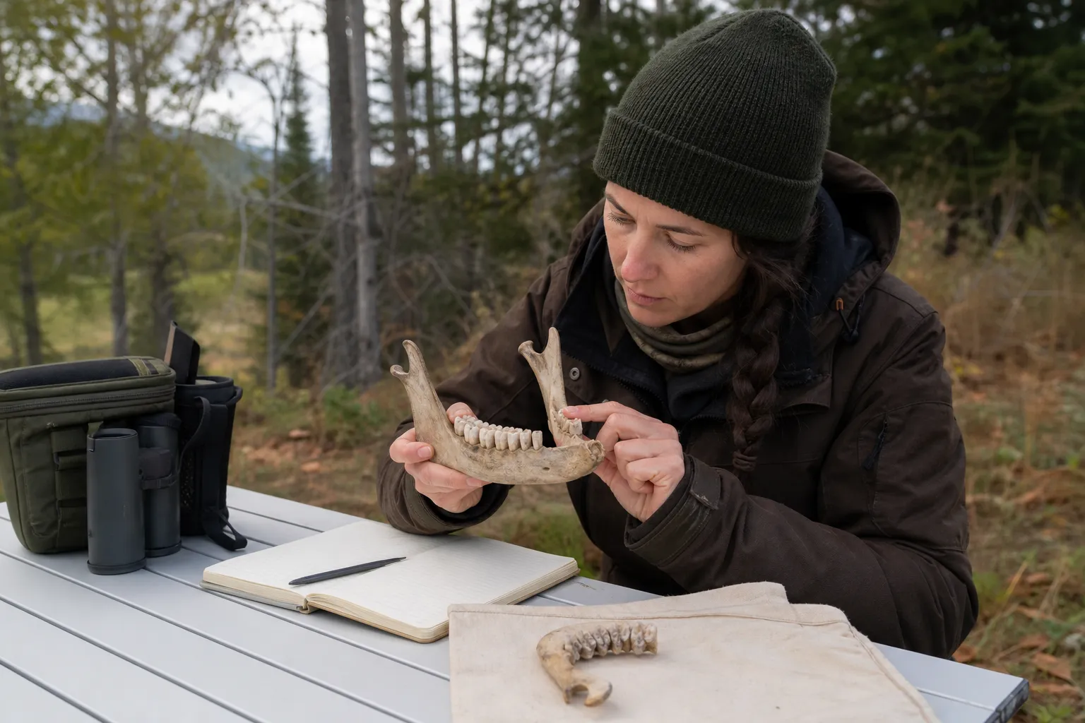 A biologist studies a deer jawbone and teeth on a field table.