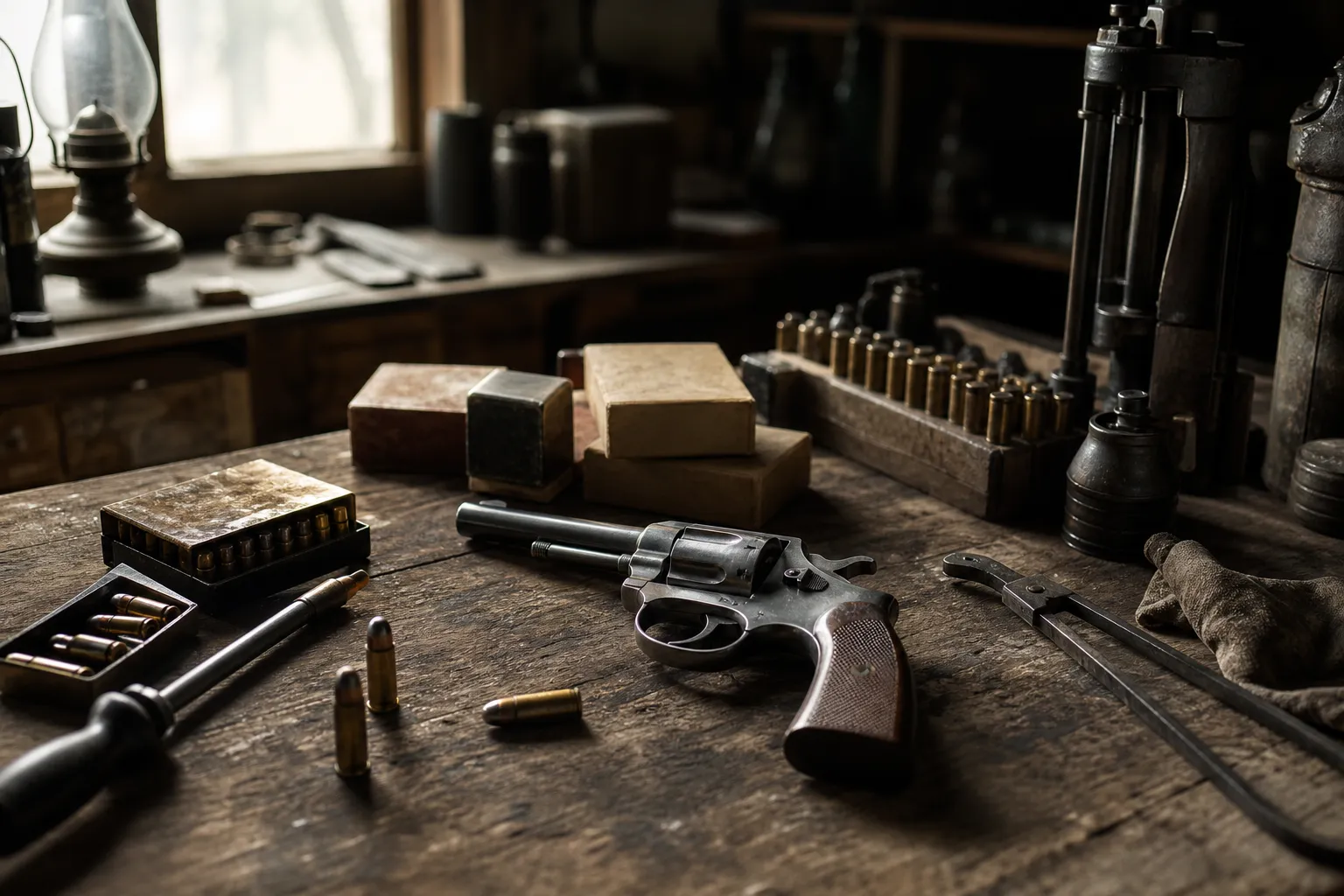 A vintage revolver and period style ammunition rest on a workshop table.