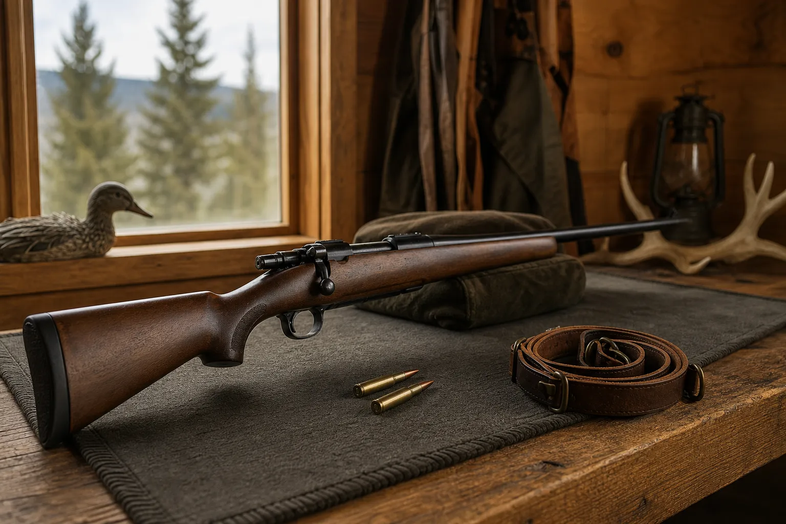 A generic bolt action rifle at rest with two unmarked cartridges on a workbench in a cabin room.