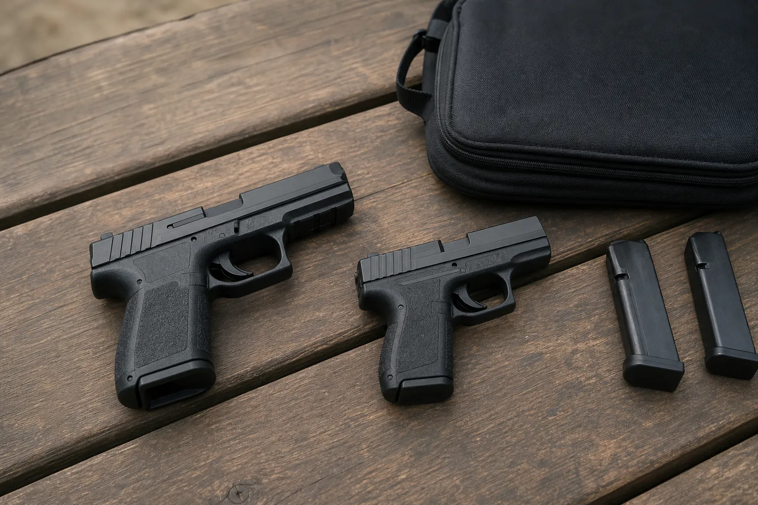 A smaller compact pistol and a slightly larger compact pistol resting safely side by side.