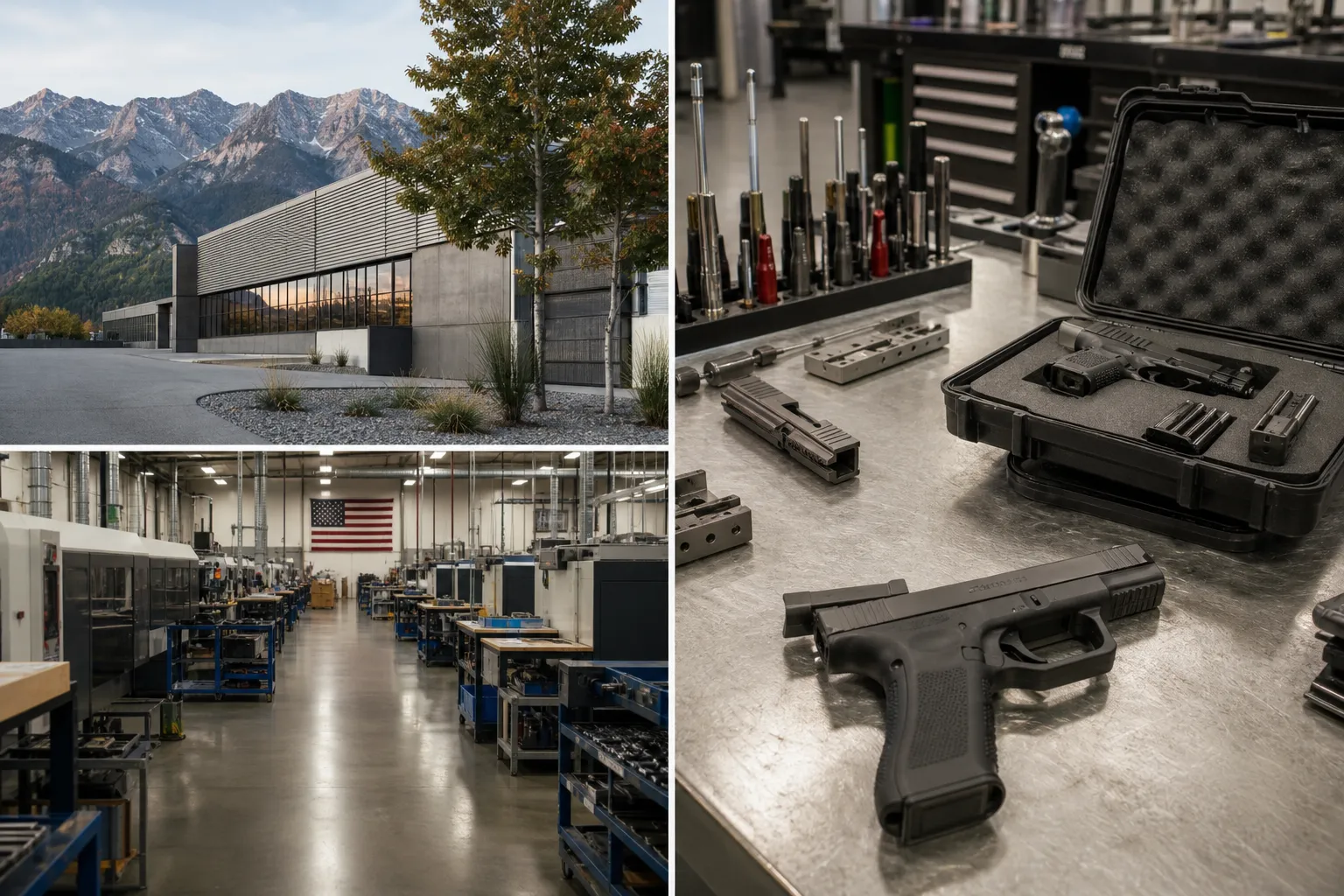 A documentary style scene of a modern firearms workshop with generic handguns resting safely on a workbench and an industrial setting in the background.
