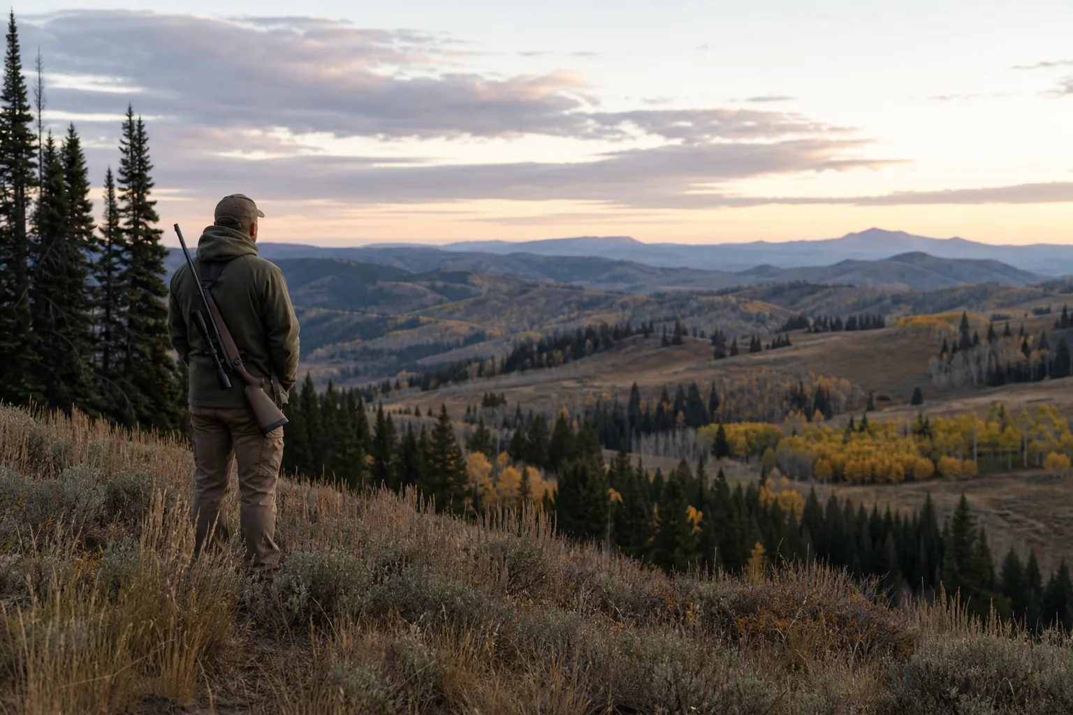 An adult hunter carrying a short rifle safely while overlooking a wooded ridge at dawn.