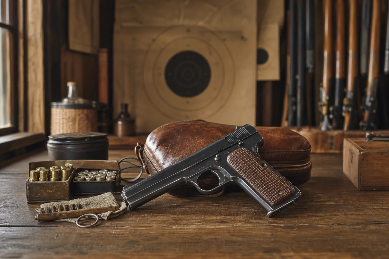 A period style automatic pistol and old leather gear resting in a historic looking indoor setting.