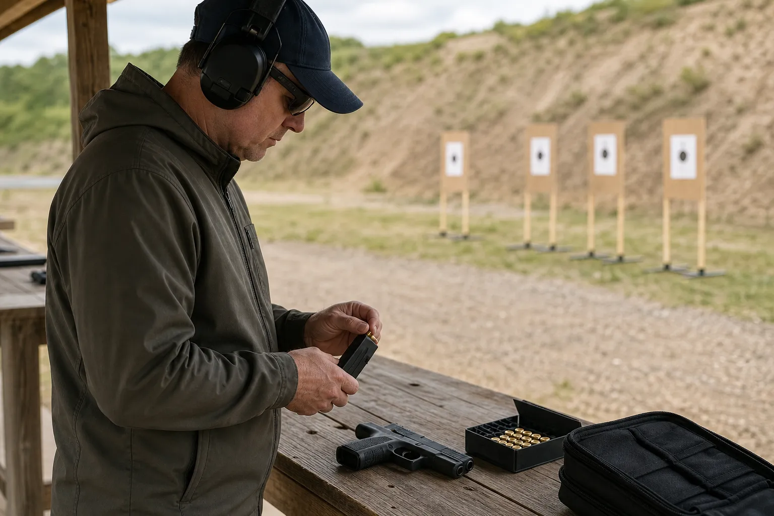 An adult shooter prepares handgun ammunition at a range bench with targets in the background.