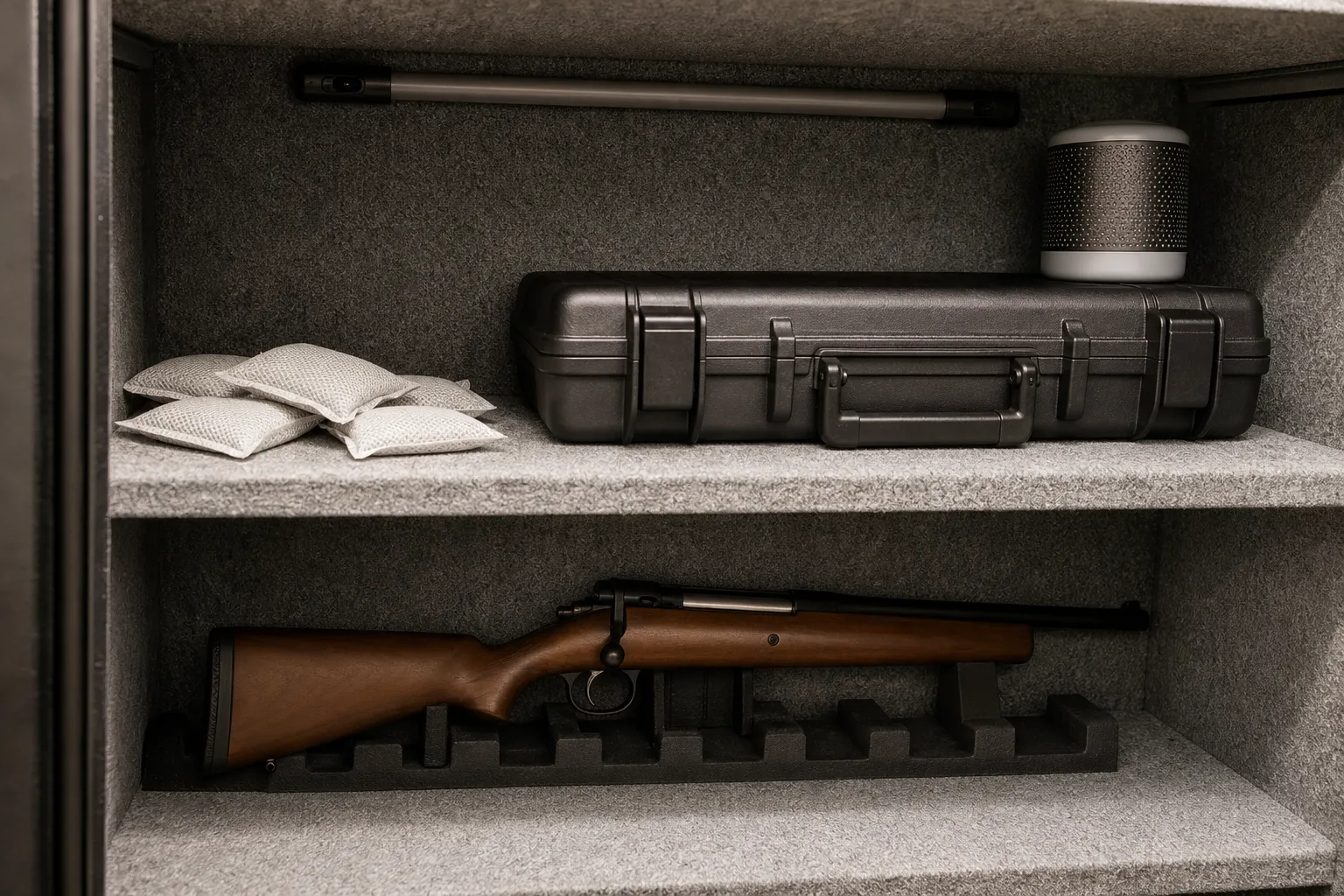 A neatly organized gun safe with moisture control items shows how proper storage helps prevent rust.