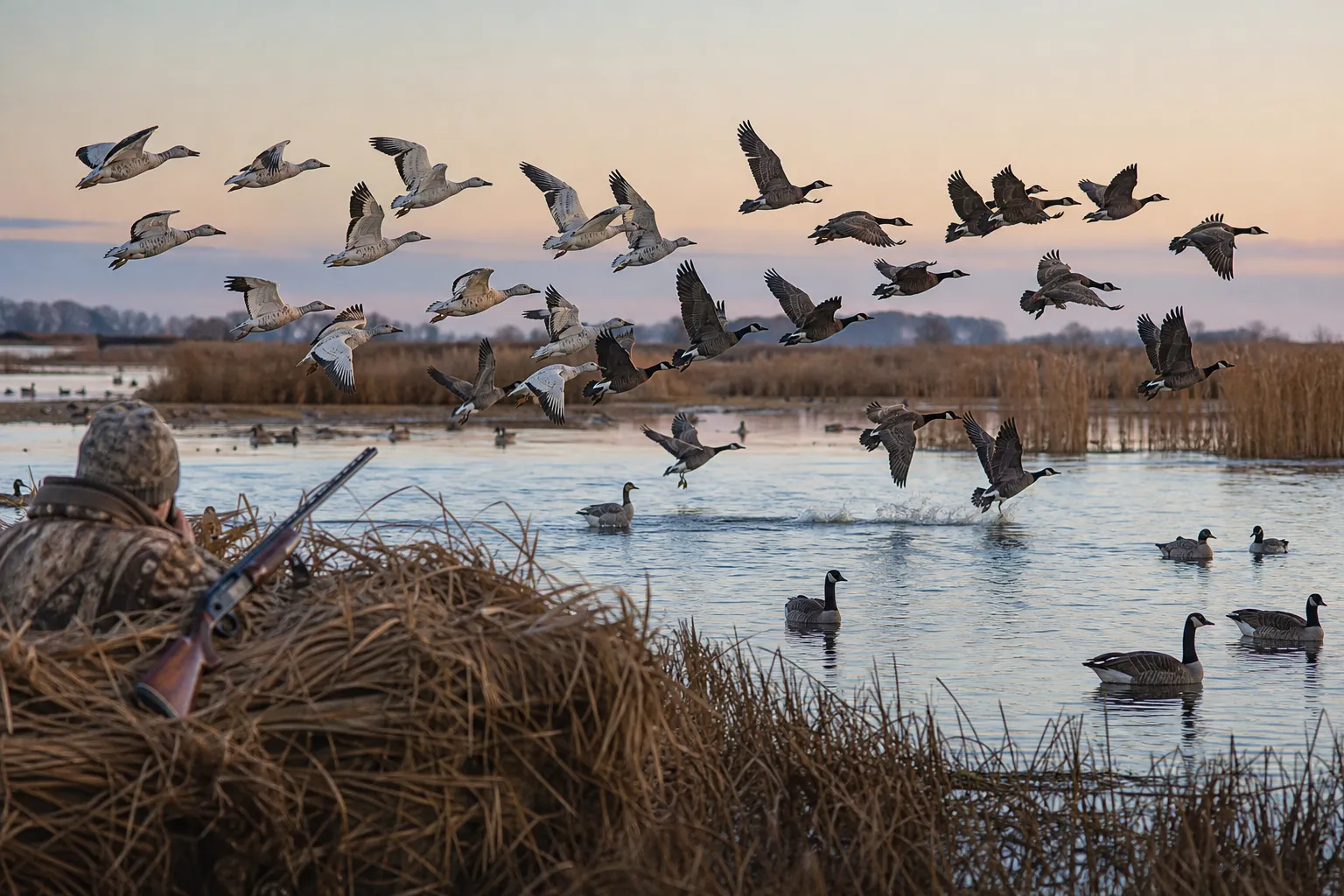 A mixed flock of geese flies over a marsh at dawn with birds on the water and in the air.