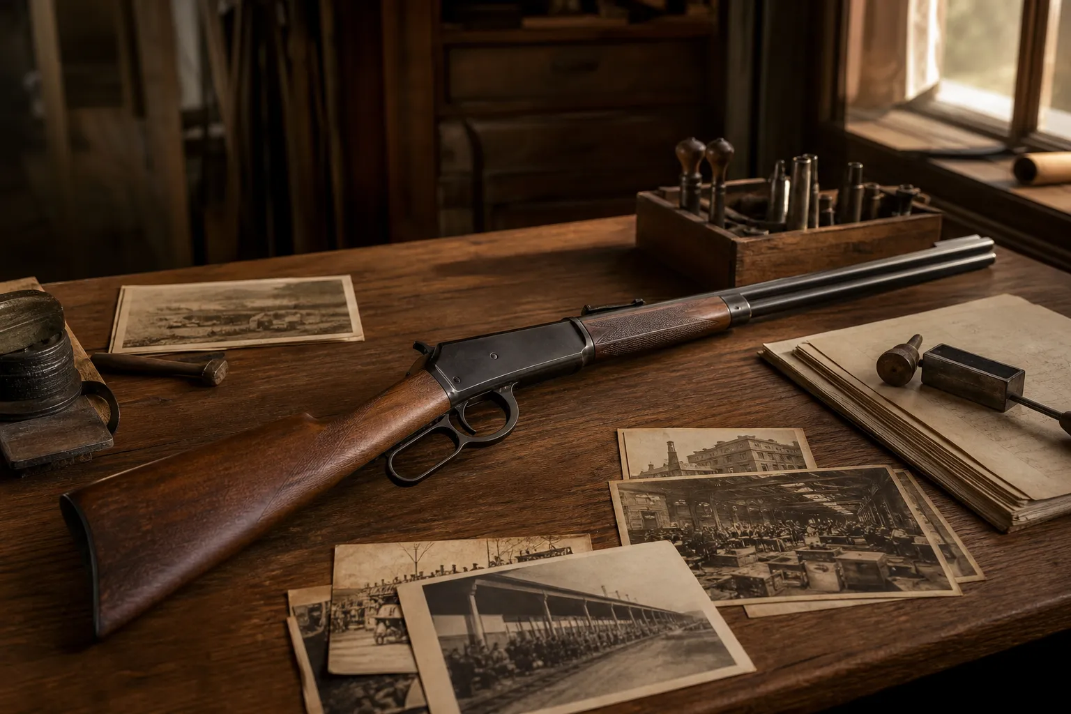 A historical display table with a vintage lever action rifle, old documents, and workshop tools in a museum like setting.