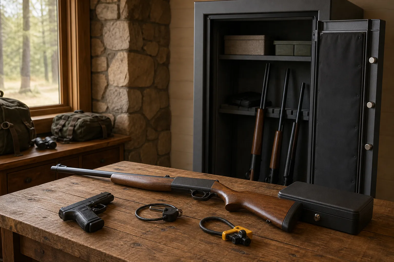 A safe storage scene with a firearm, cable lock, trigger lock, lock box, and gun safe in a home setting.