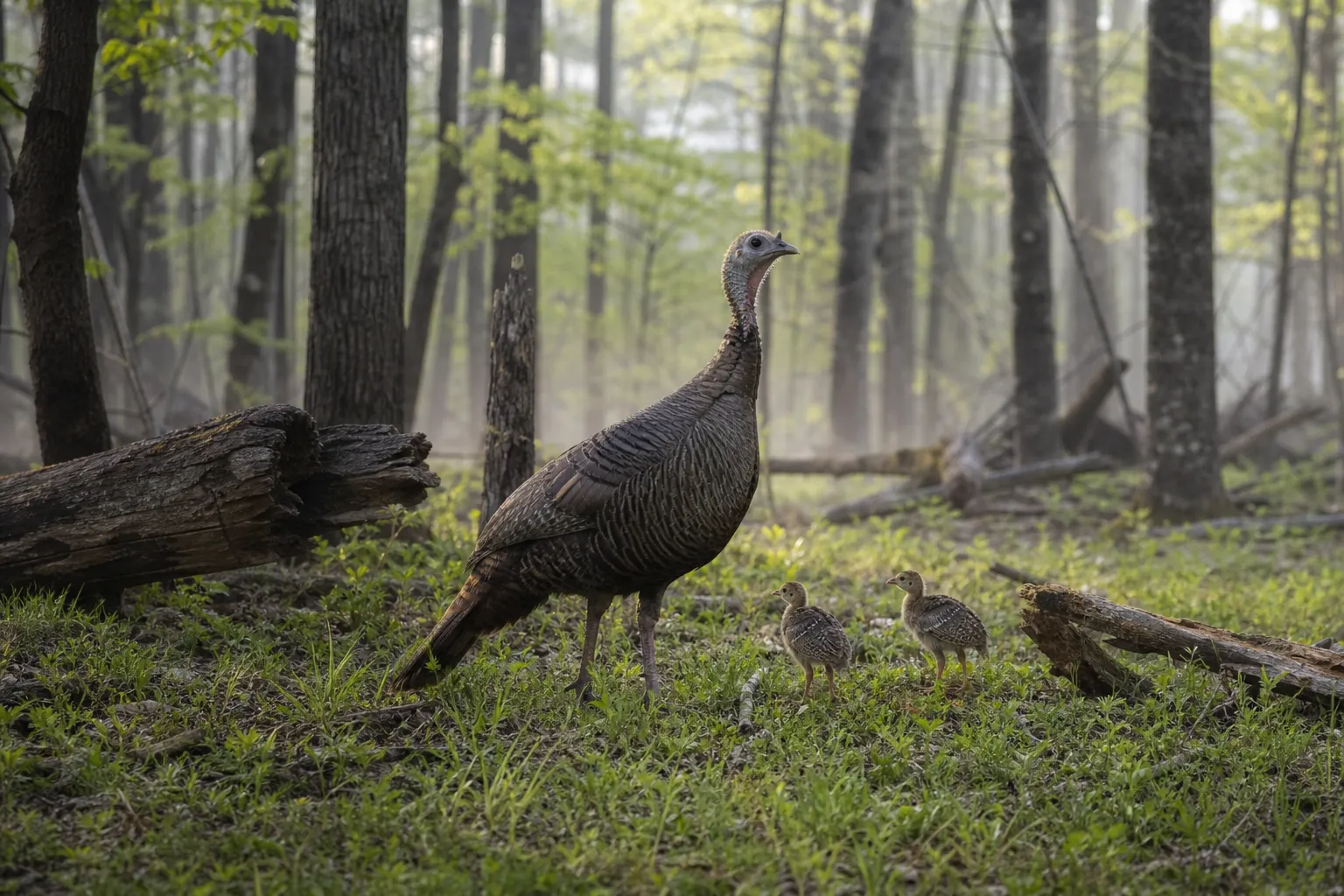 A wild turkey hen with two poults standing in a forest opening on a spring morning.