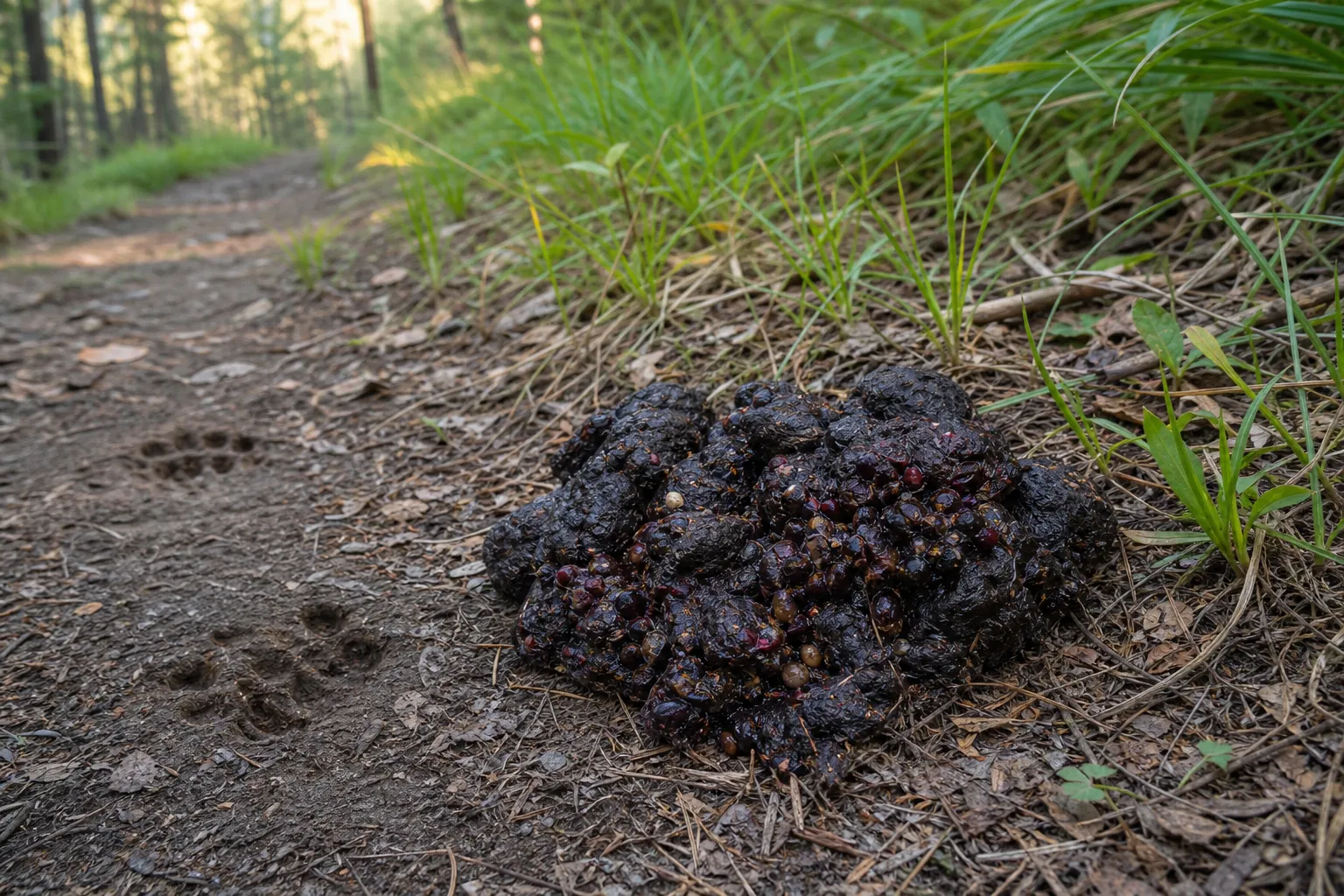 A close view of fresh bear scat on a forest trail with visible berry skins and seeds beside leaf litter.