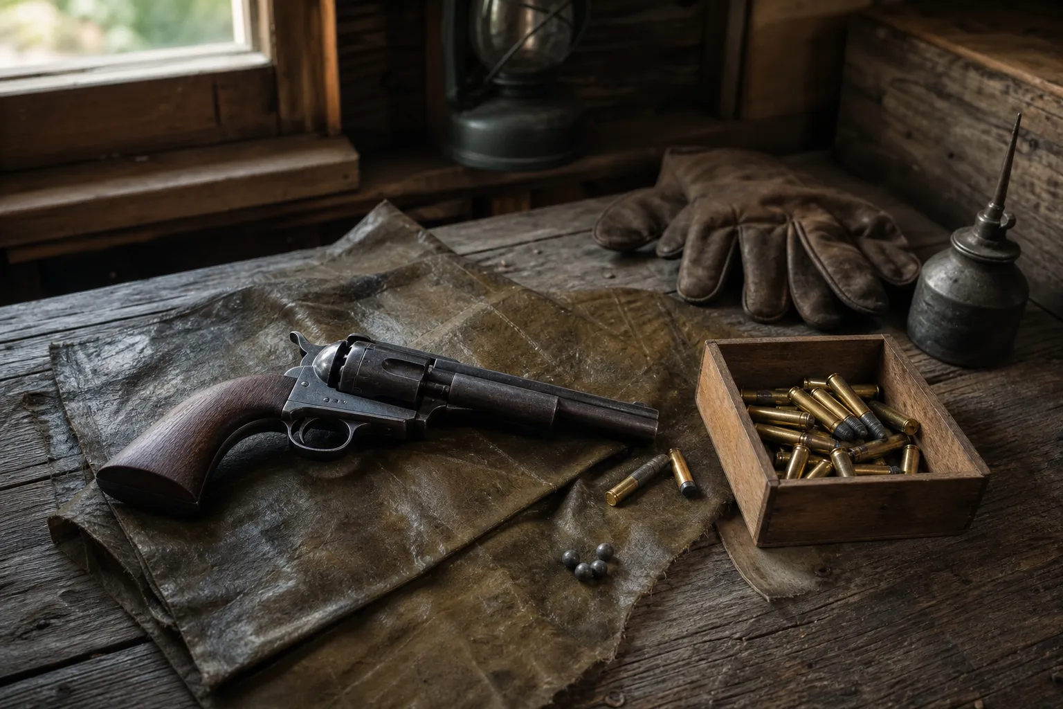 An older style revolver and cartridges lie on a rustic wooden table in a historic cabin setting.