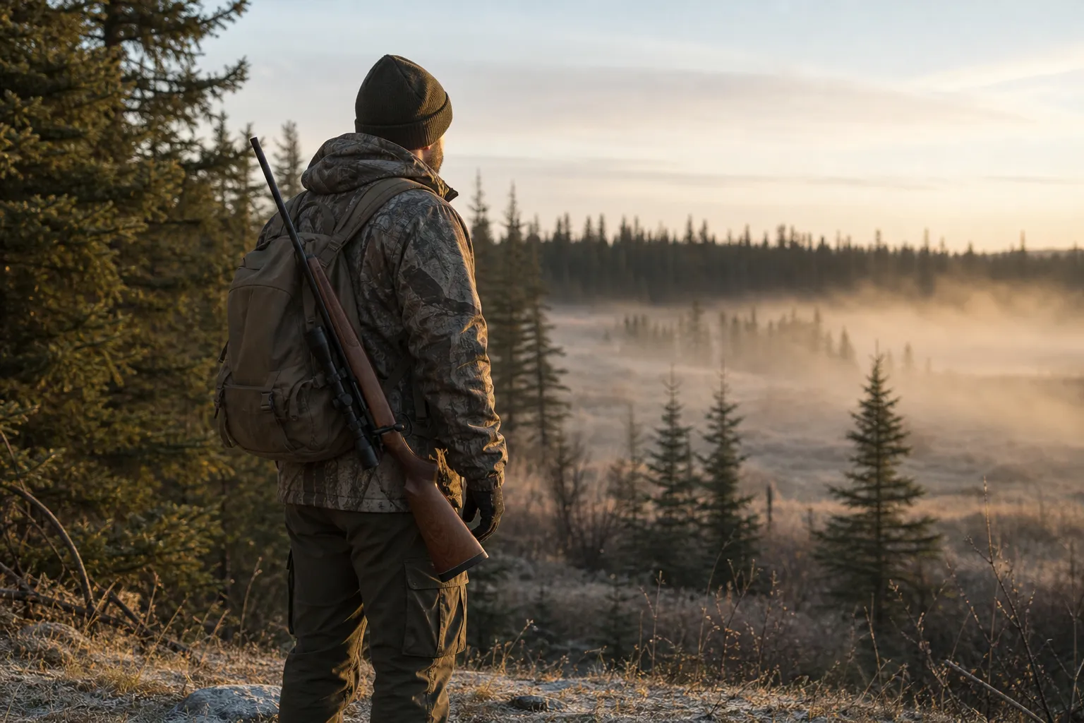 A hunter stands at the edge of a misty forest at dawn with a bolt action rifle carried safely over one shoulder.