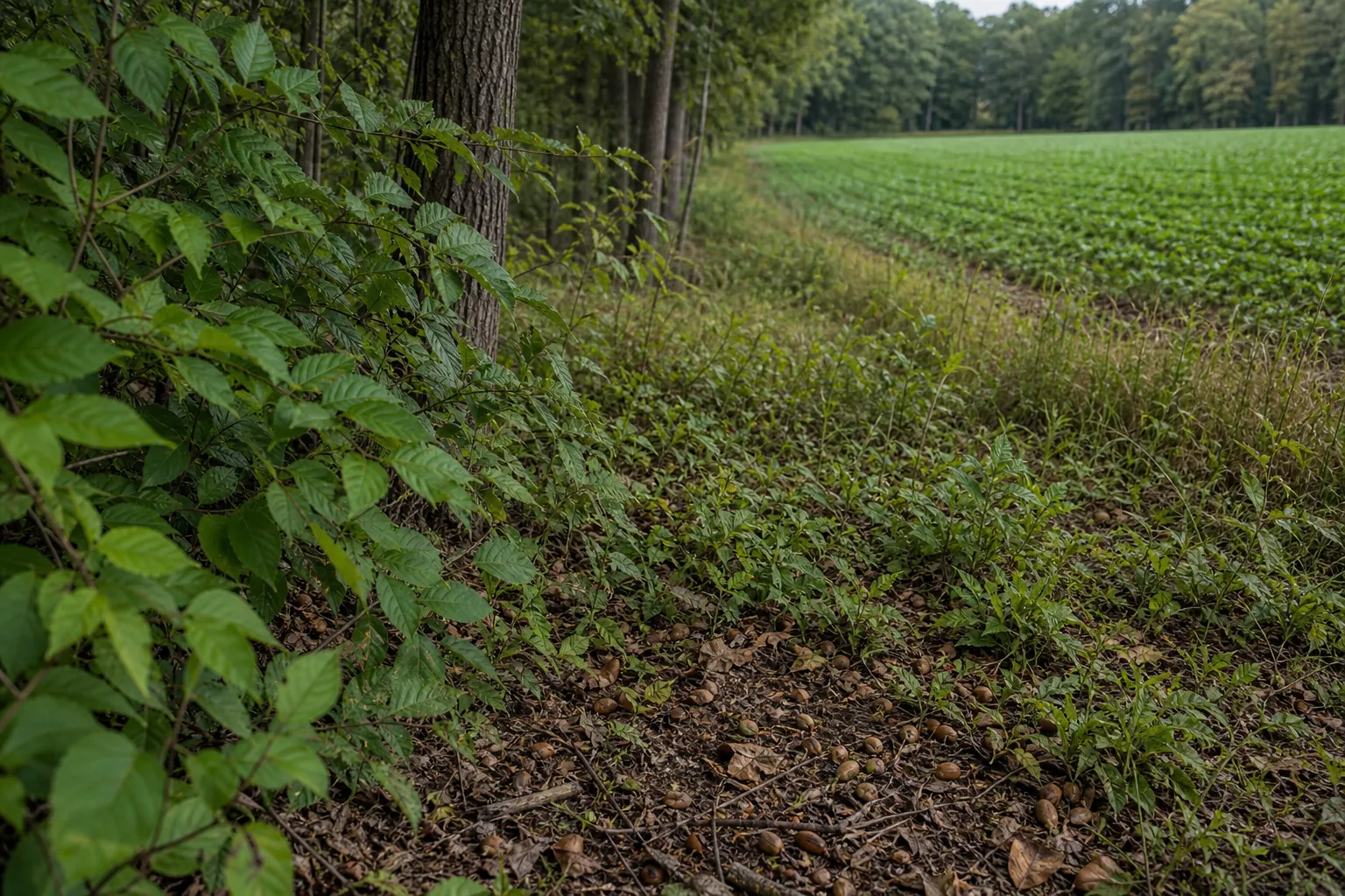 A forest edge shows shrubs, green weeds, fallen acorns, and a field beyond.
