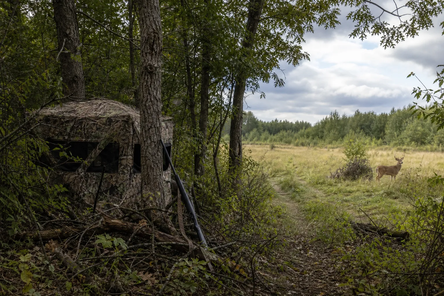 A ground blind is set near a natural opening along a wooded field edge.