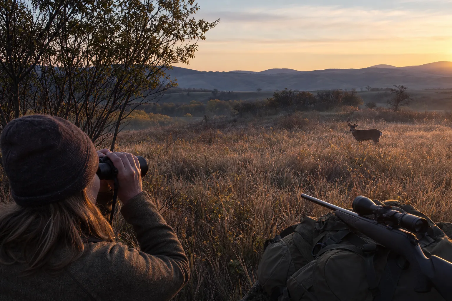 At dawn, a wildlife watcher uses binoculars to observe a deer in soft low light.