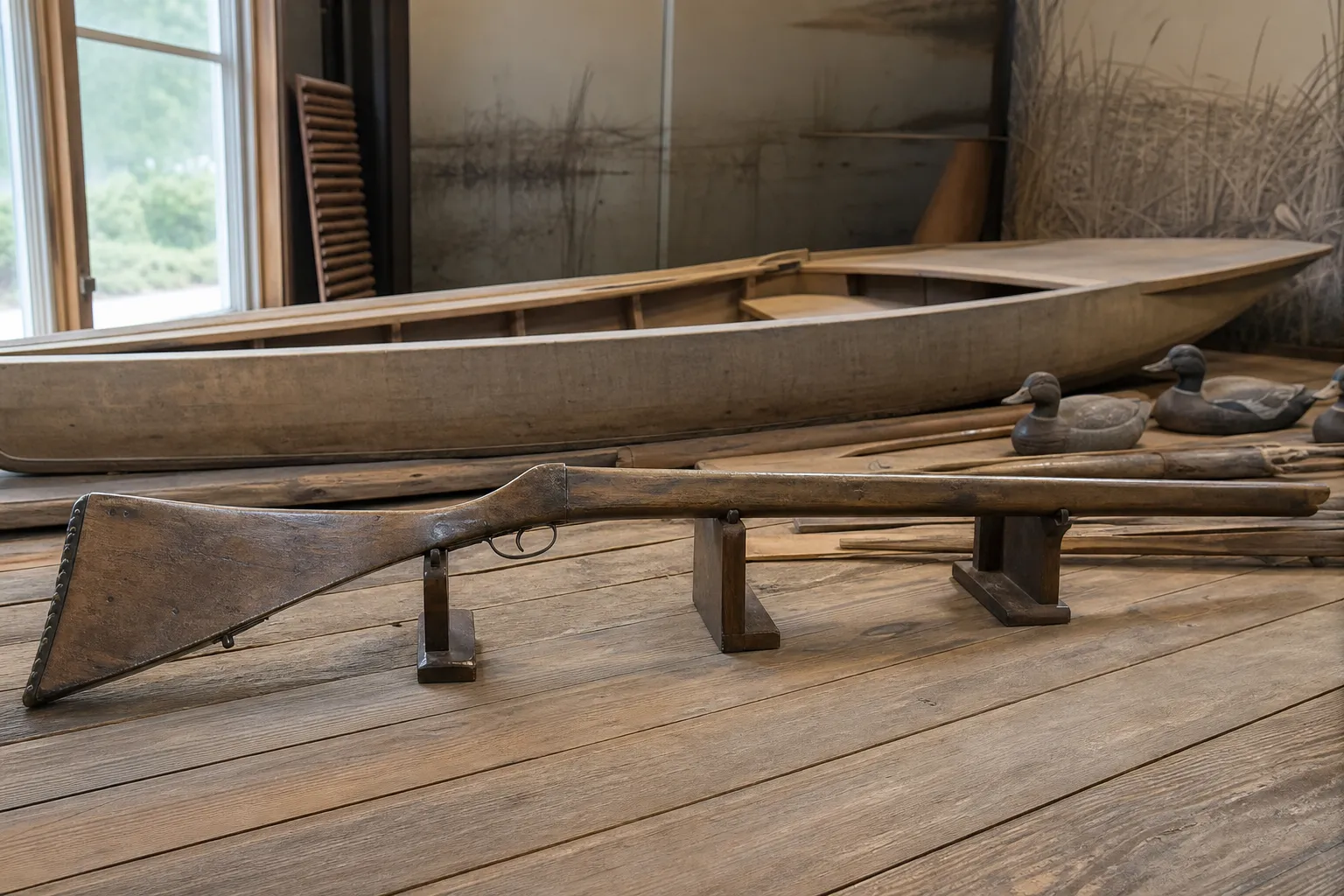 A historic punt gun resting beside a shallow boat and decoys, showing its unusual size and long barrel.