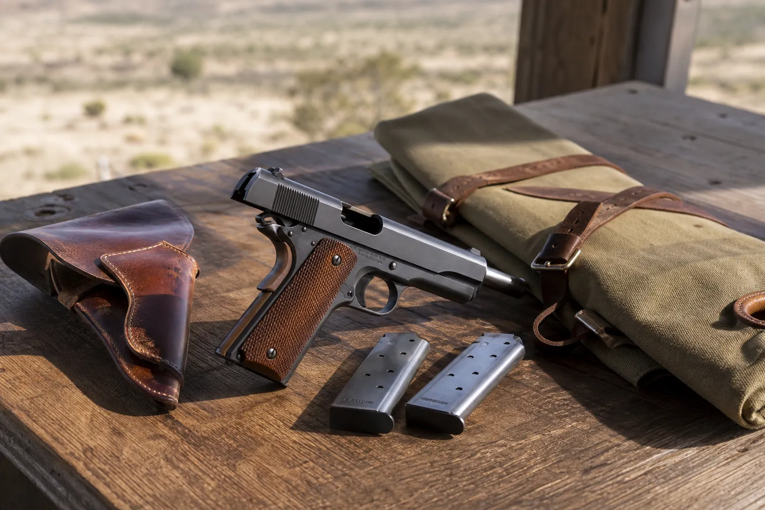 An unloaded 1911 style pistol rests on a table beside a holster and magazines in a calm shooting range setting.
