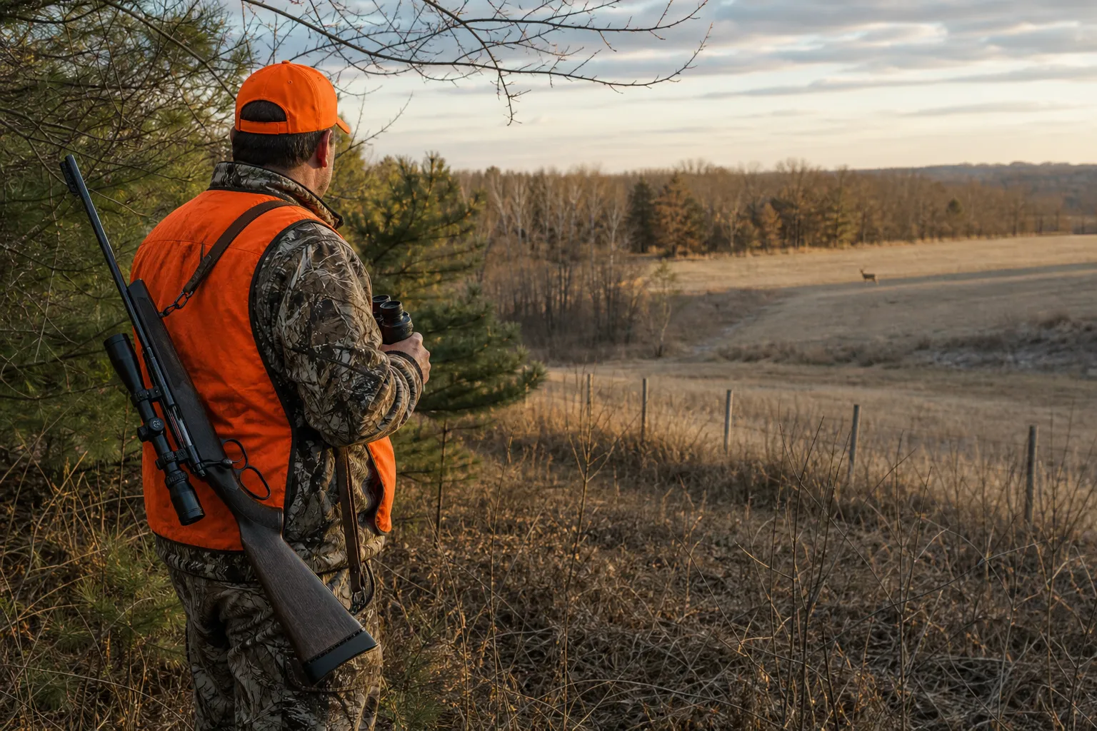 A hunter observes a distant field edge with binoculars and a safe rifle slung over his shoulder.