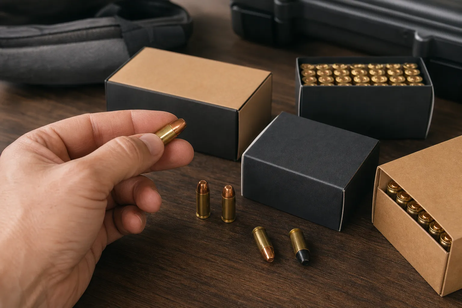 A close view of ammunition boxes and cartridges arranged for inspection on a table.