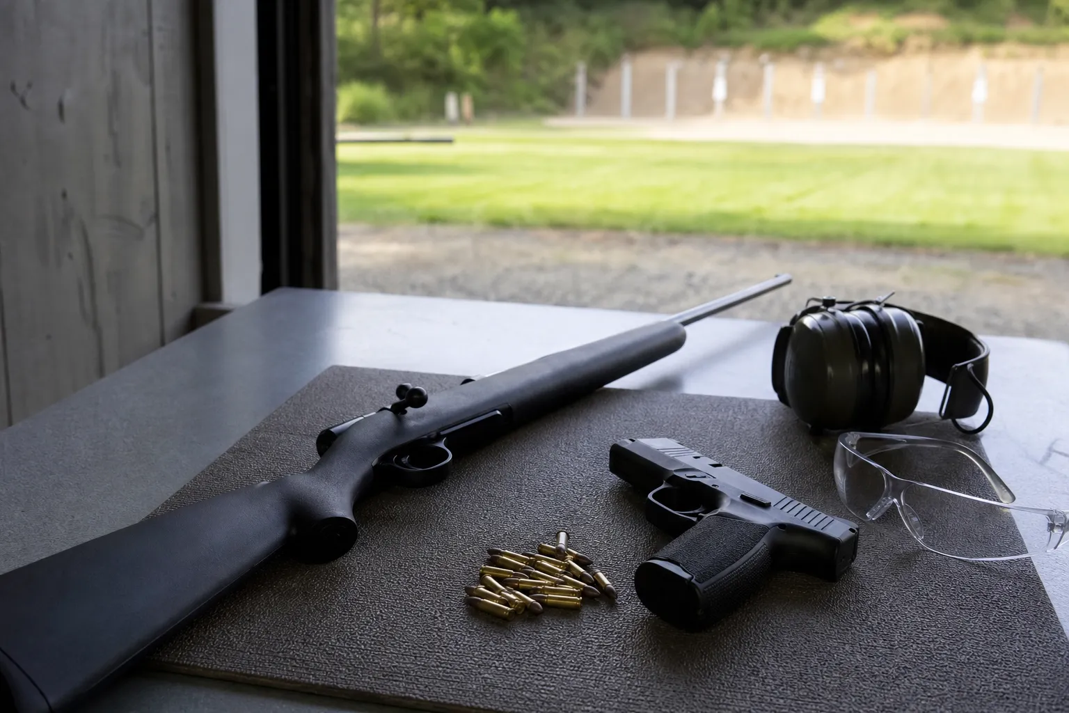 A rimfire rifle and pistol are displayed safely side by side on a shooting bench.