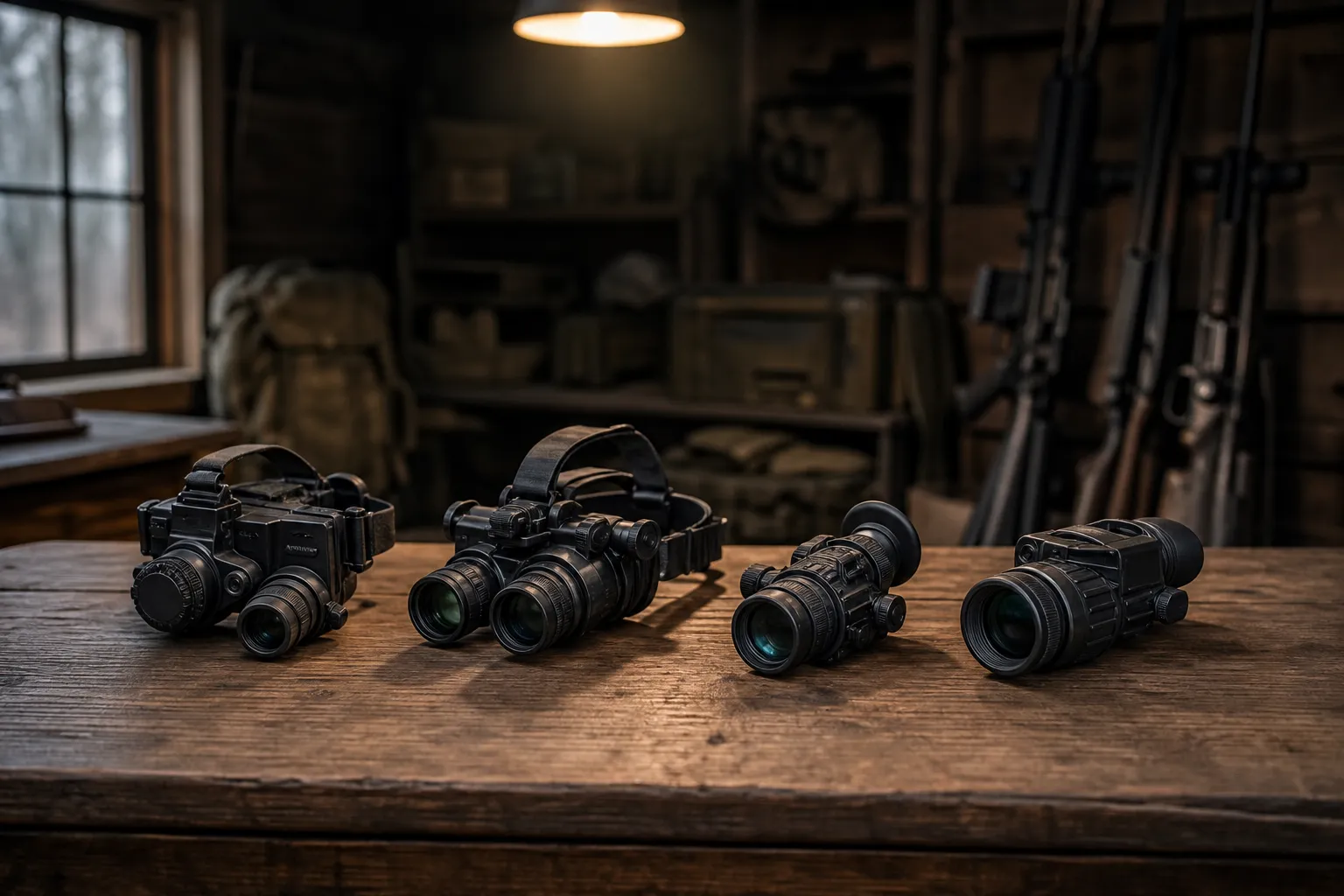 Four generic night vision devices are arranged side by side on a wooden table in a dim indoor setting.