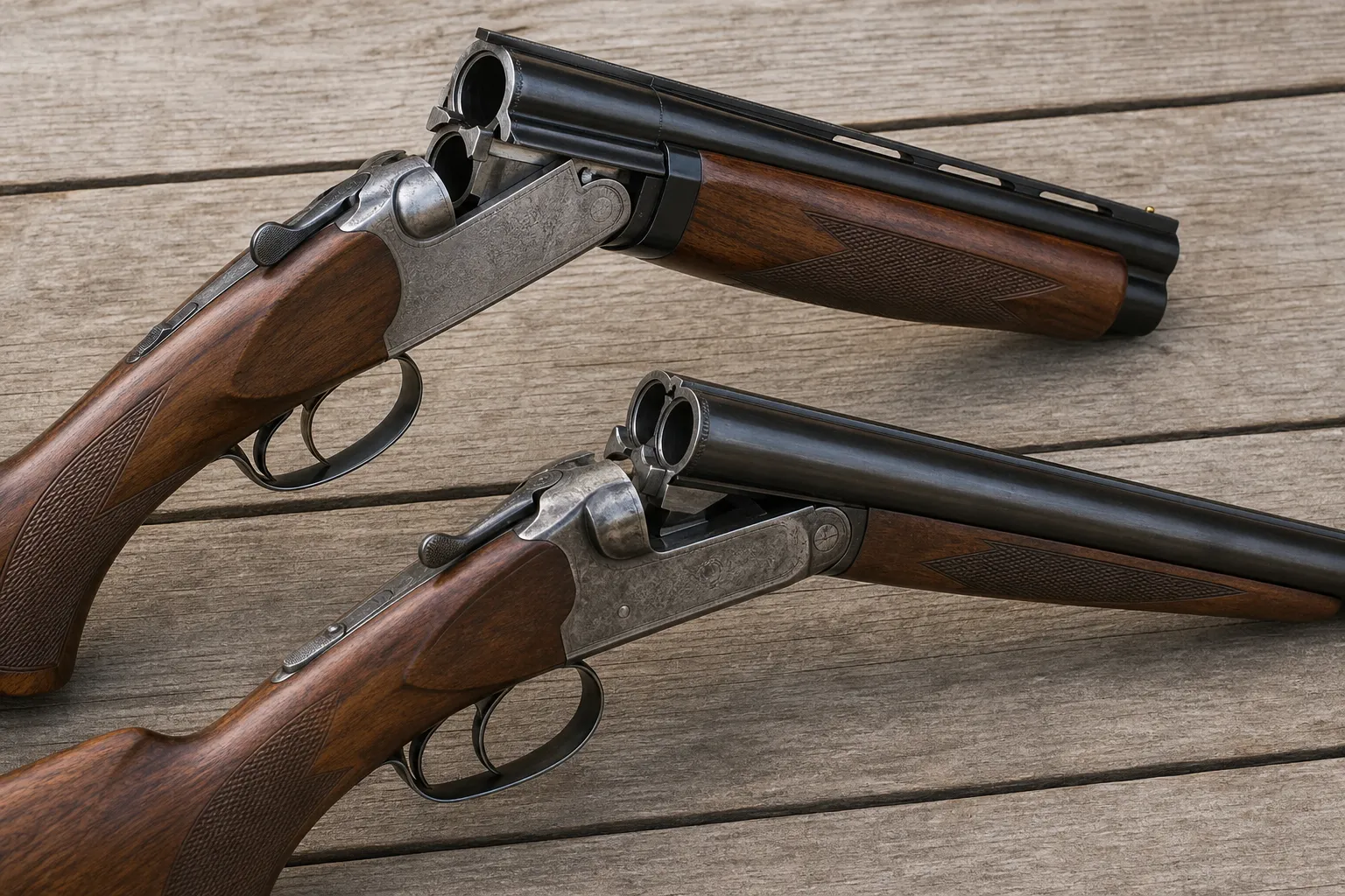 An open over under shotgun and an open side by side shotgun lie on a table to show their barrel layouts.
