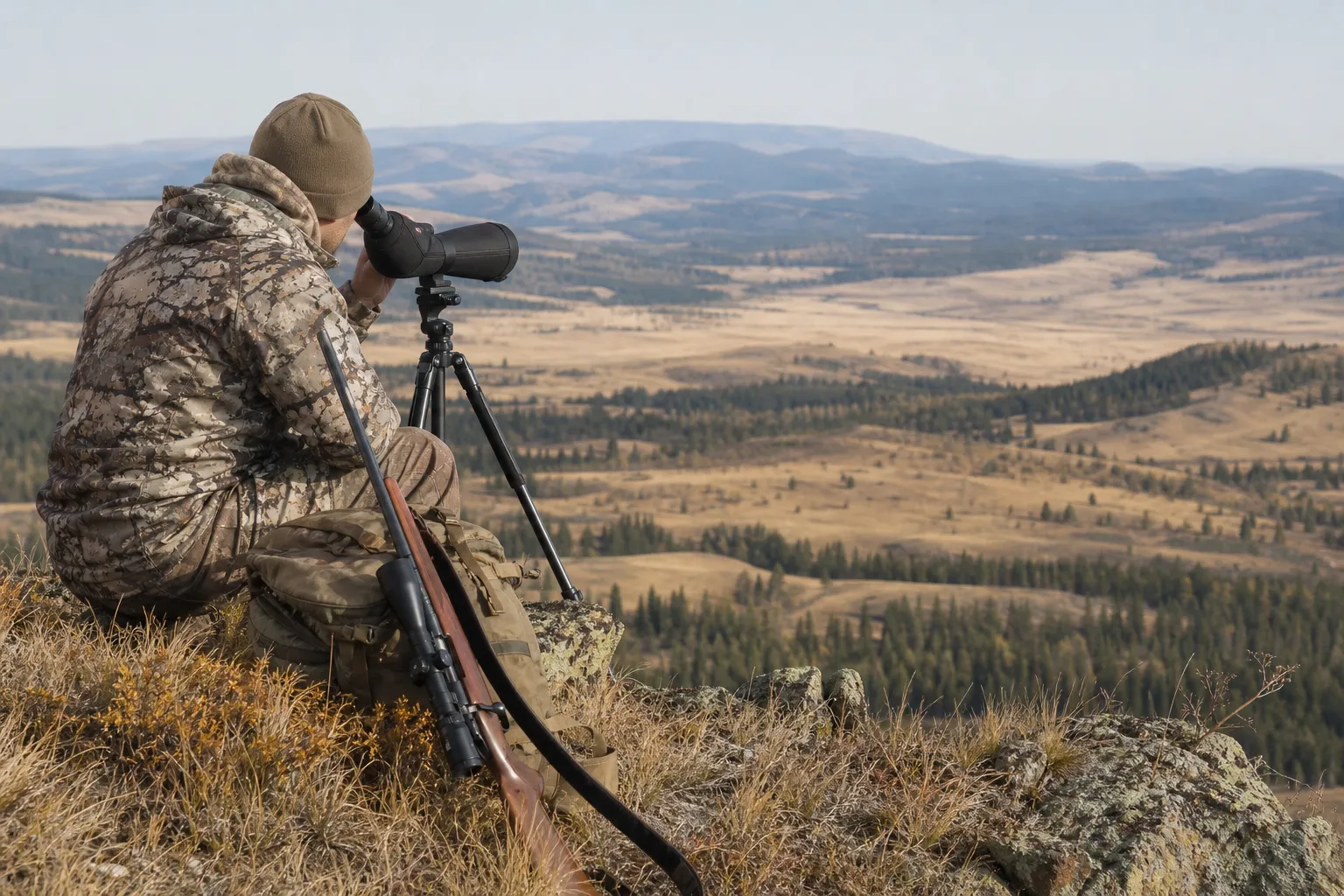 An elk hunter glassing a wide valley with a rifle safely resting nearby.