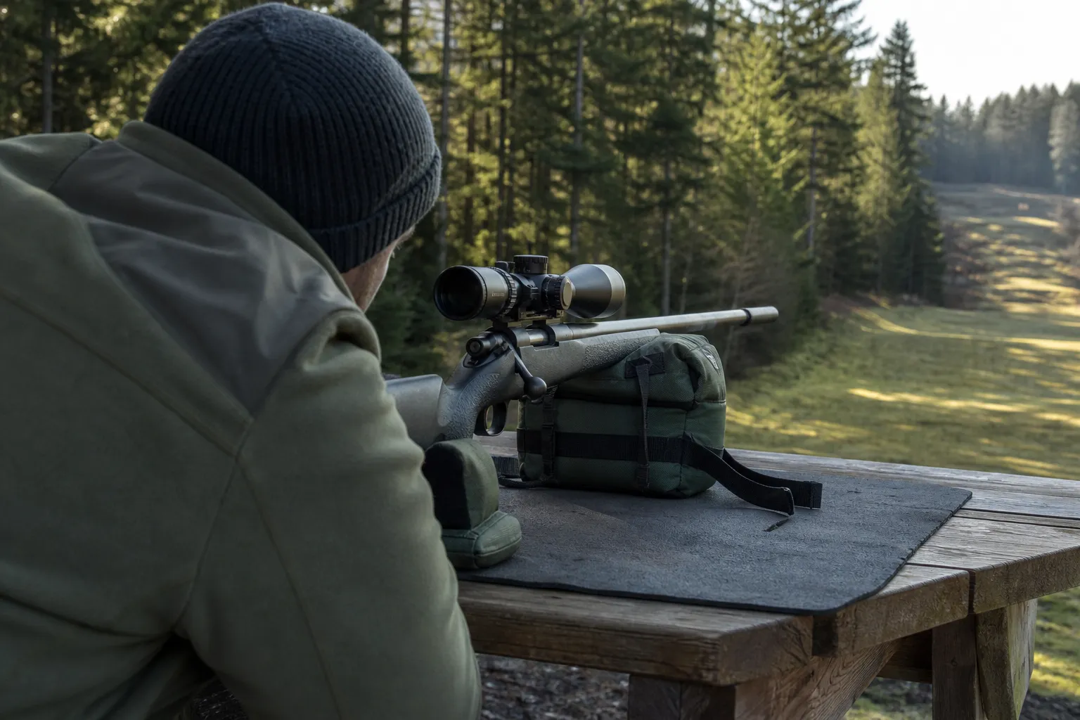 A rifle rests safely on a shooting bench while a shooter looks through the scope at a range, illustrating scope alignment and viewing position.