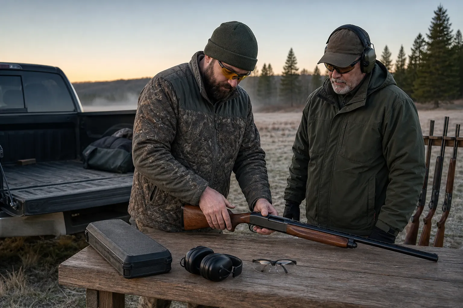 Two adults at a shooting range carefully handling an unloaded firearm with eye and ear protection and safety gear laid out nearby.