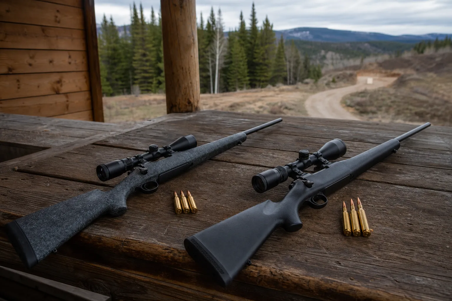 Two generic hunting rifles and cartridges rest side by side on a bench for comparison.