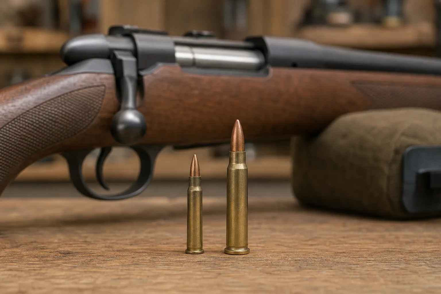 Two rimfire cartridges sit on a table with a rifle action in soft focus behind them.