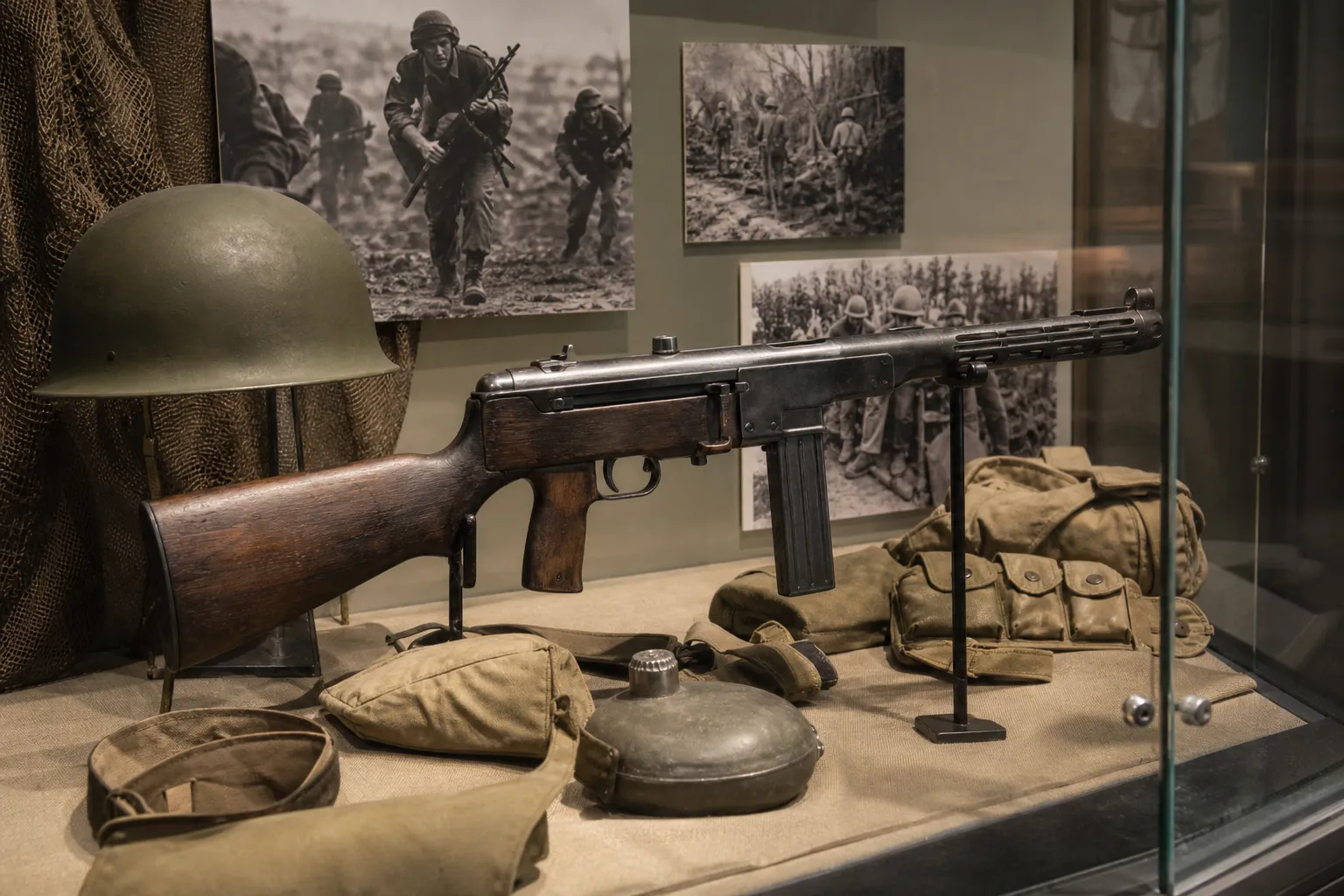 A historical firearm is displayed in a museum case with period memorabilia around it.