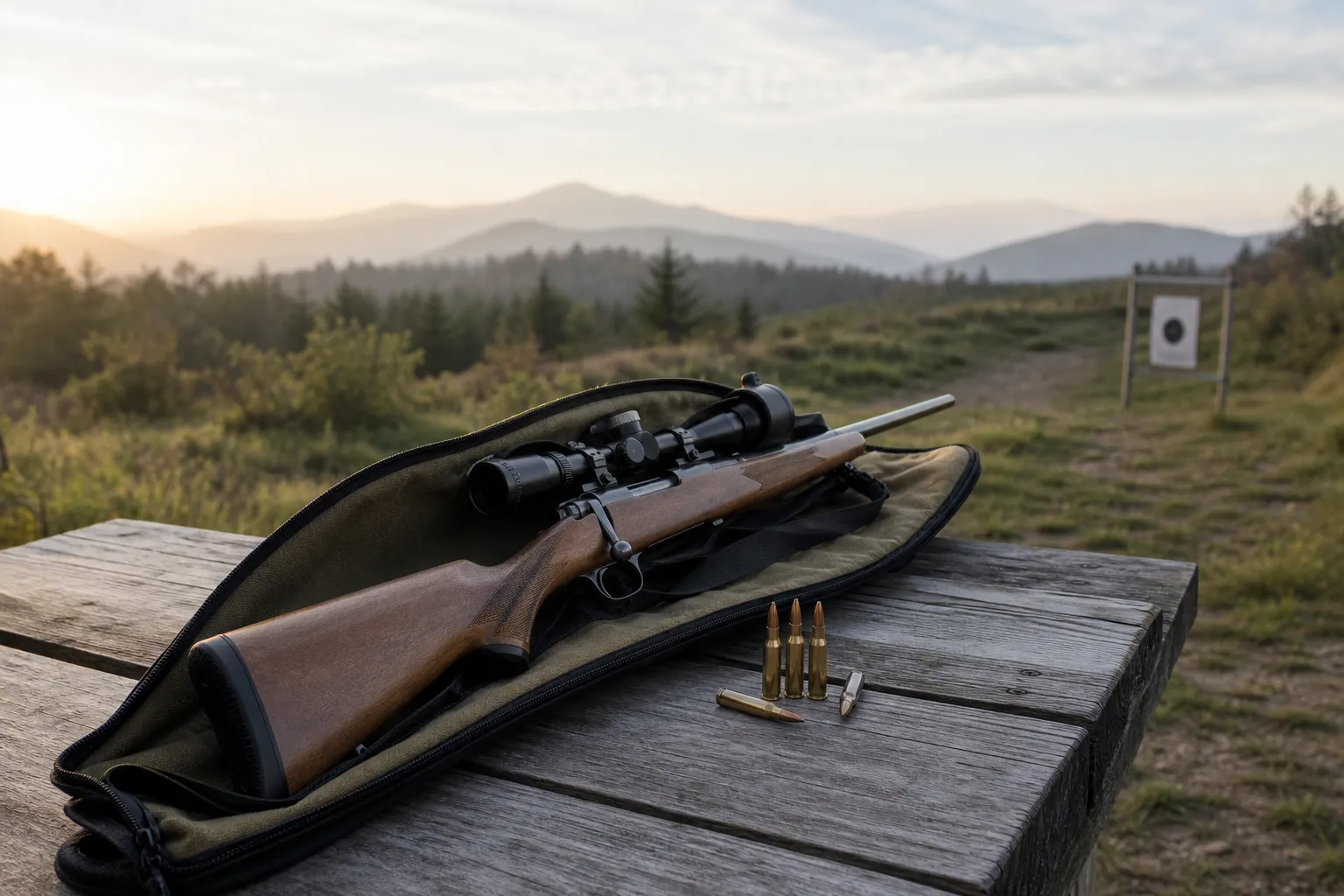 A rifle rests safely on an outdoor range table beside cartridges and a case, with targets in the distance.