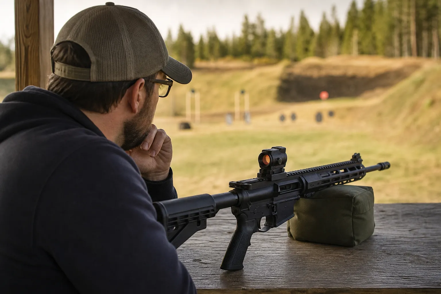 An adult shooter examines a rifle with a red dot sight at a safe outdoor range.