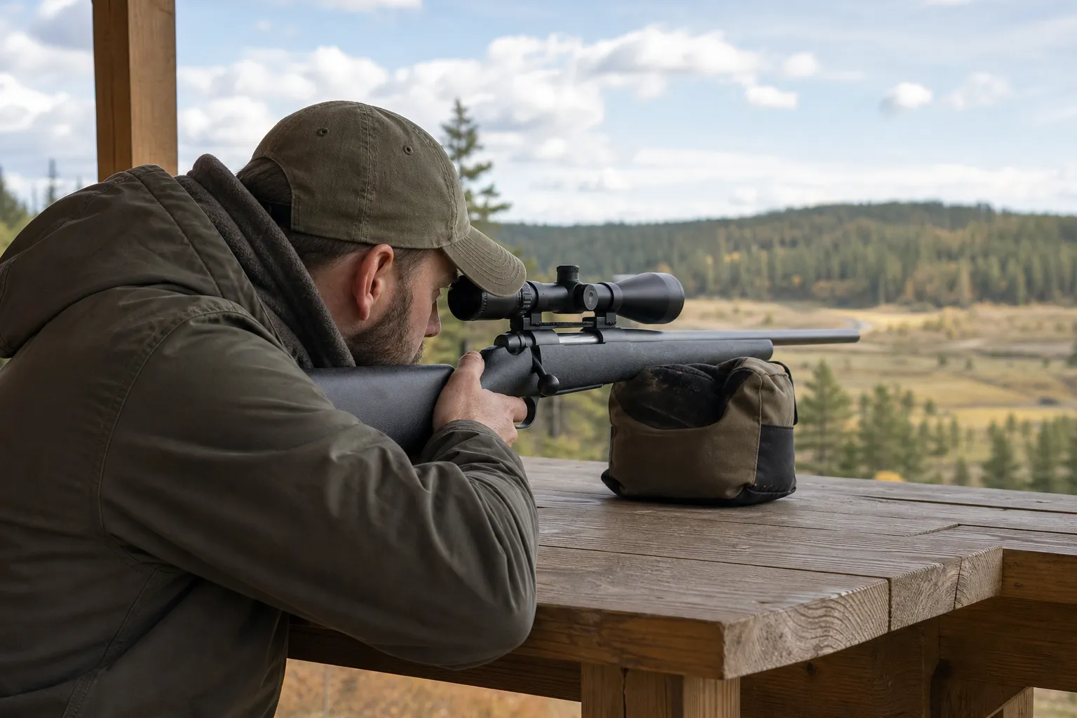 A hunter carefully positions himself behind a scoped rifle resting on a shooting bench at an outdoor range.