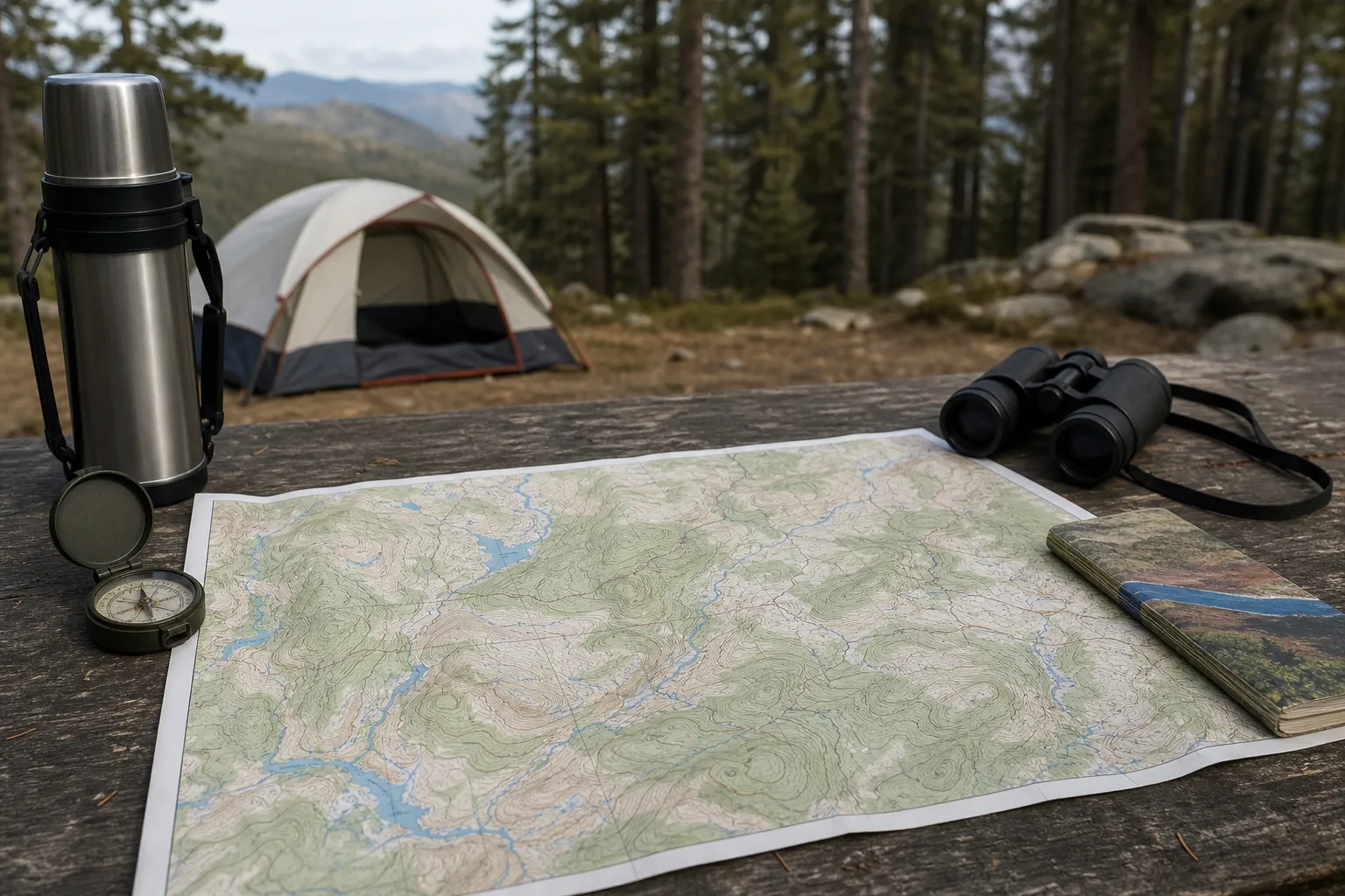 A topographic map lies open on a campsite table with outdoor gear around it.