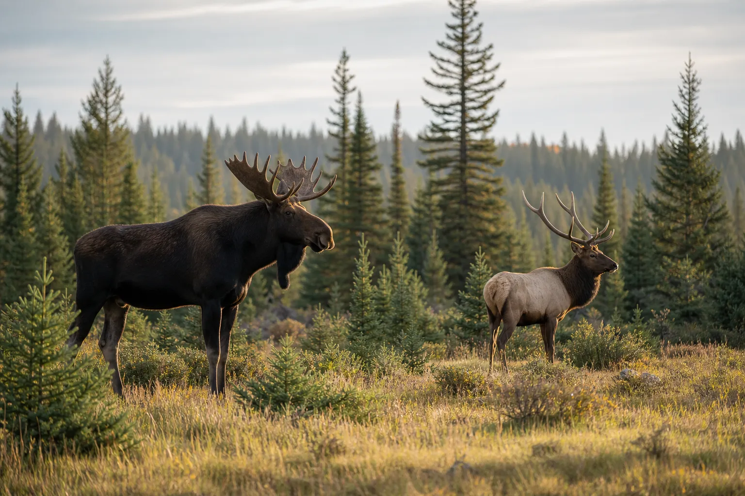 A moose and an elk stand alive in a northern meadow and forest edge, showing their different body shapes and antlers.