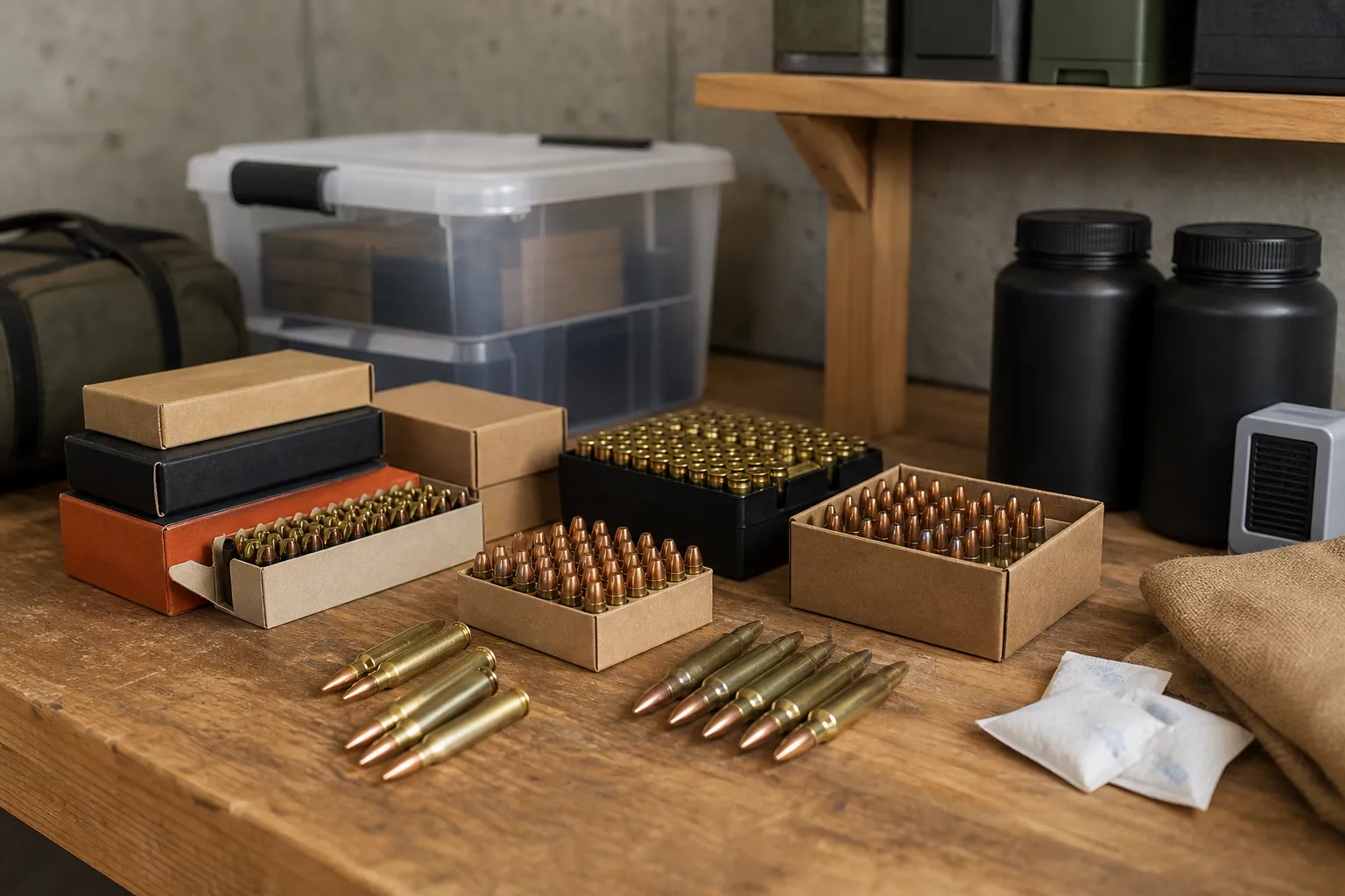 Boxes and loose cartridges arranged neatly on a workbench in a dry storage room.